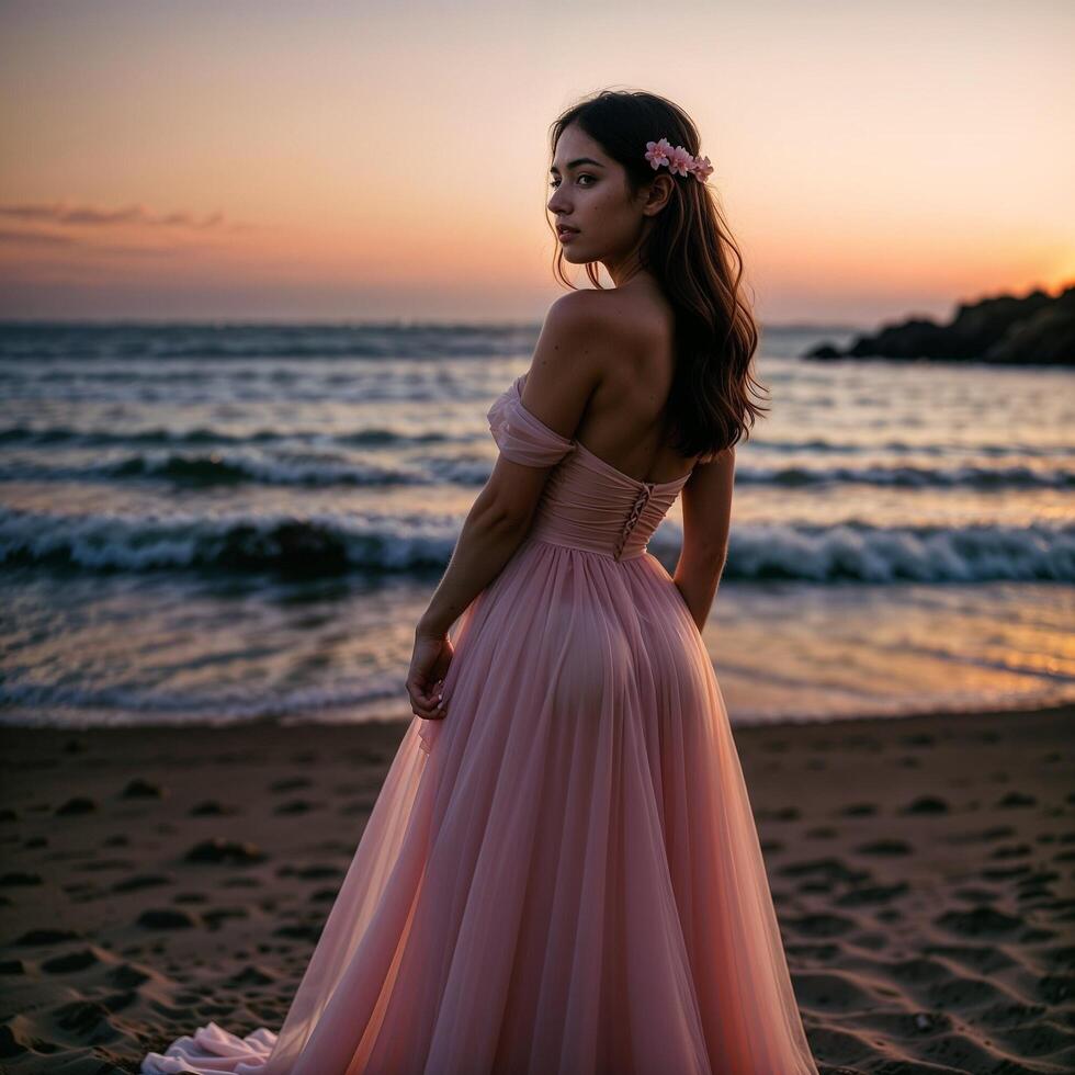 AI generated Beautiful Girl bride in a Pink white Sweetheart Tulle Long Prom Gown stands on a see beach. photo