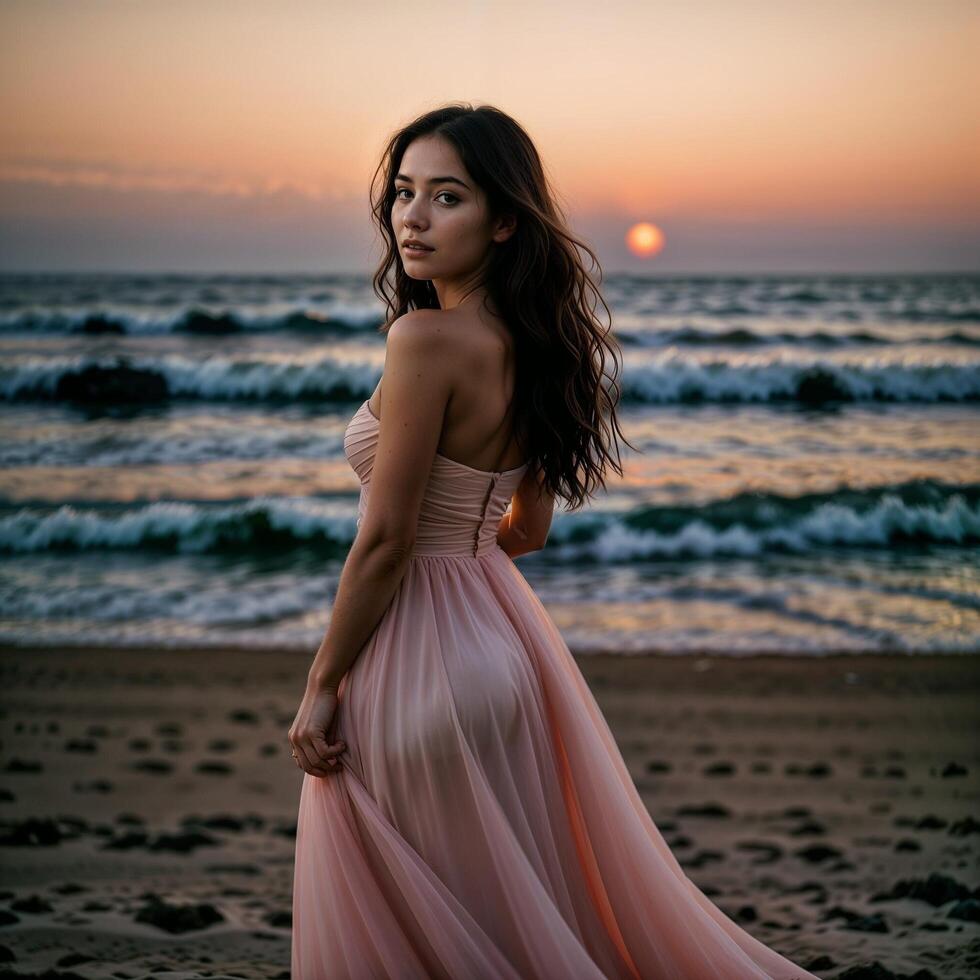 ai generado hermosa niña novia en un rosado blanco novio tul largo paseo vestido soportes en un ver playa. foto