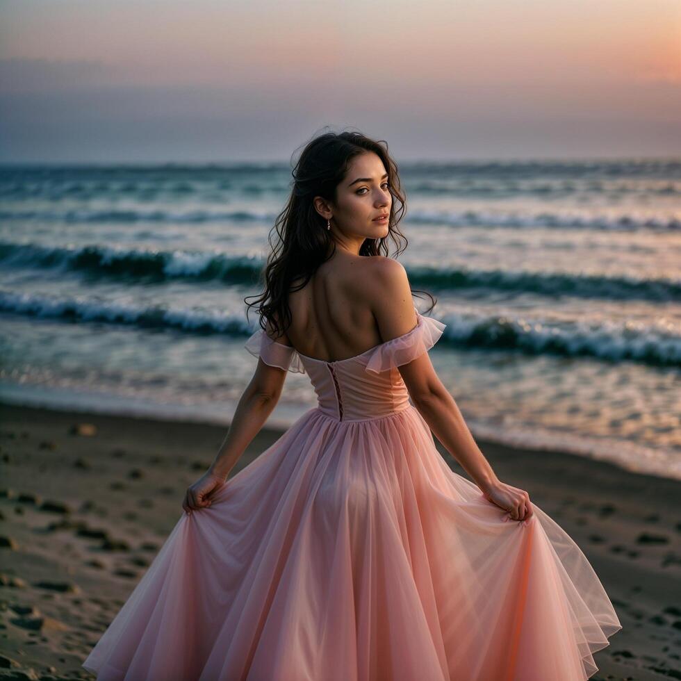 ai generado hermosa niña novia en un rosado blanco novio tul largo paseo vestido soportes en un ver playa. foto