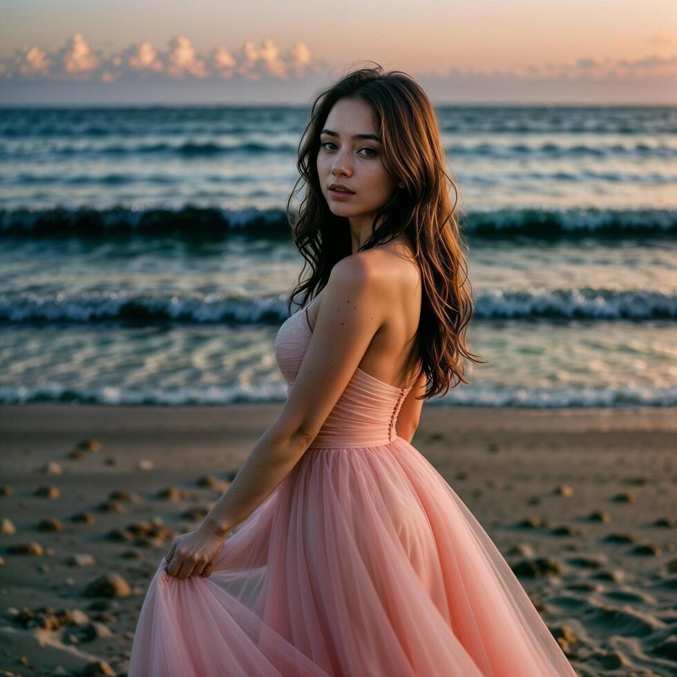 ai generado hermosa niña novia en un rosado blanco novio tul largo paseo vestido soportes en un ver playa. foto