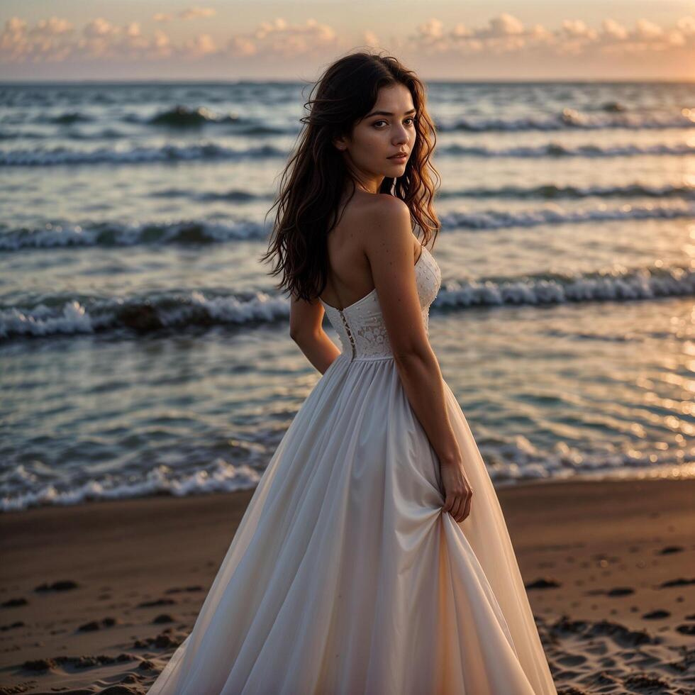 ai generado hermosa niña novia en un rosado blanco novio tul largo paseo vestido soportes en un ver playa. foto