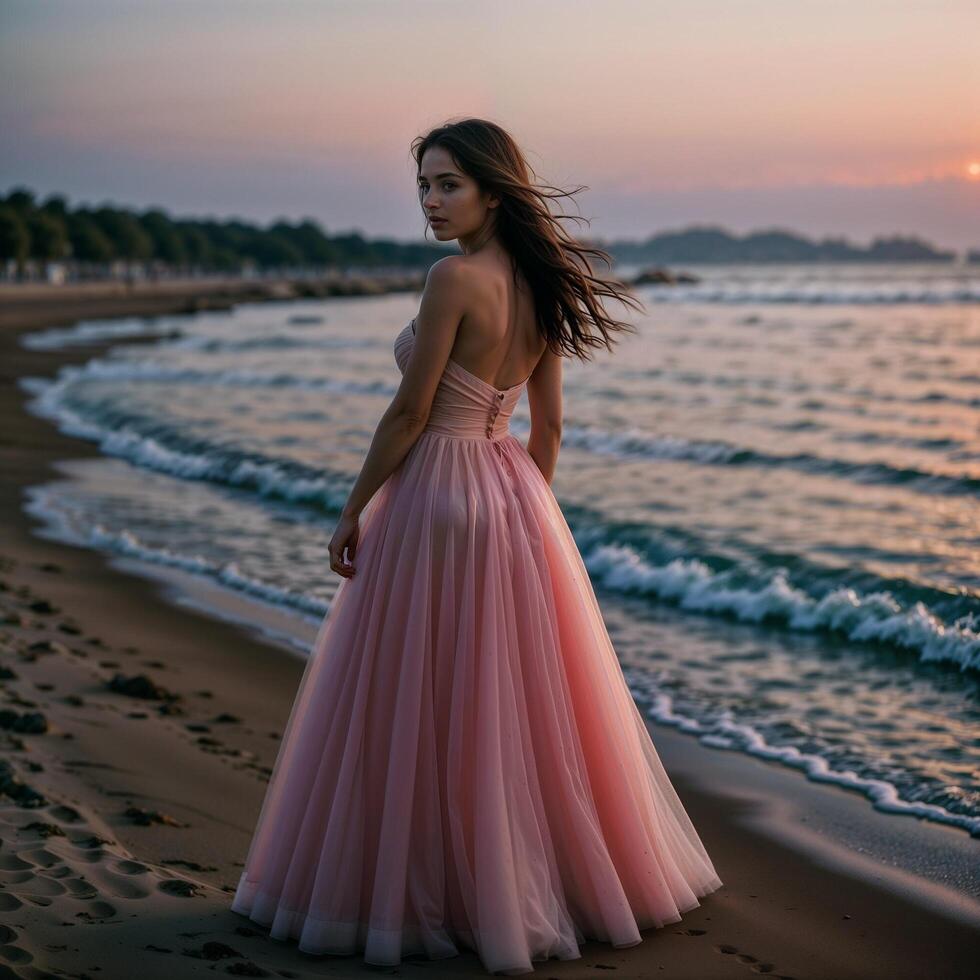 ai generado hermosa niña novia en un rosado blanco novio tul largo paseo vestido soportes en un ver playa. foto