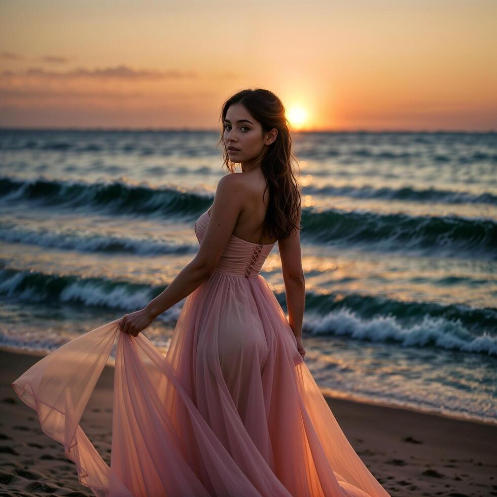 ai generado hermosa niña novia en un rosado blanco novio tul largo paseo vestido soportes en un ver playa. foto