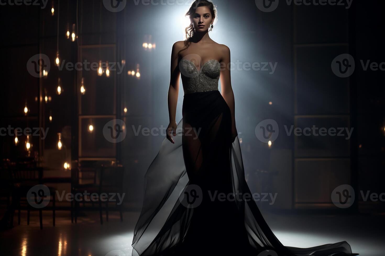 AI generated Elegant Evening Gown in High Fashion Photoshoot with Glamorous Model on Glossy Fashion Film photo
