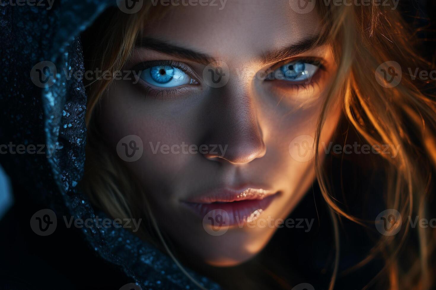 AI generated Striking Blue Eyes of Woman Captured at Dusk with High End DSLR and Prime Lens in Color Rich Style photo