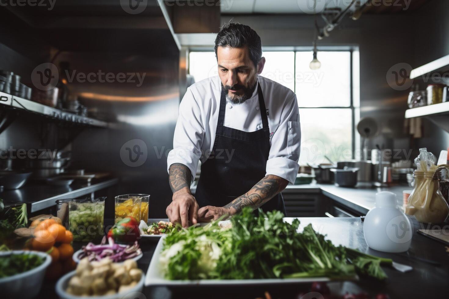 AI generated Professional Chef in Kitchen with Fresh Organic Ingredients Candid Portrait photo