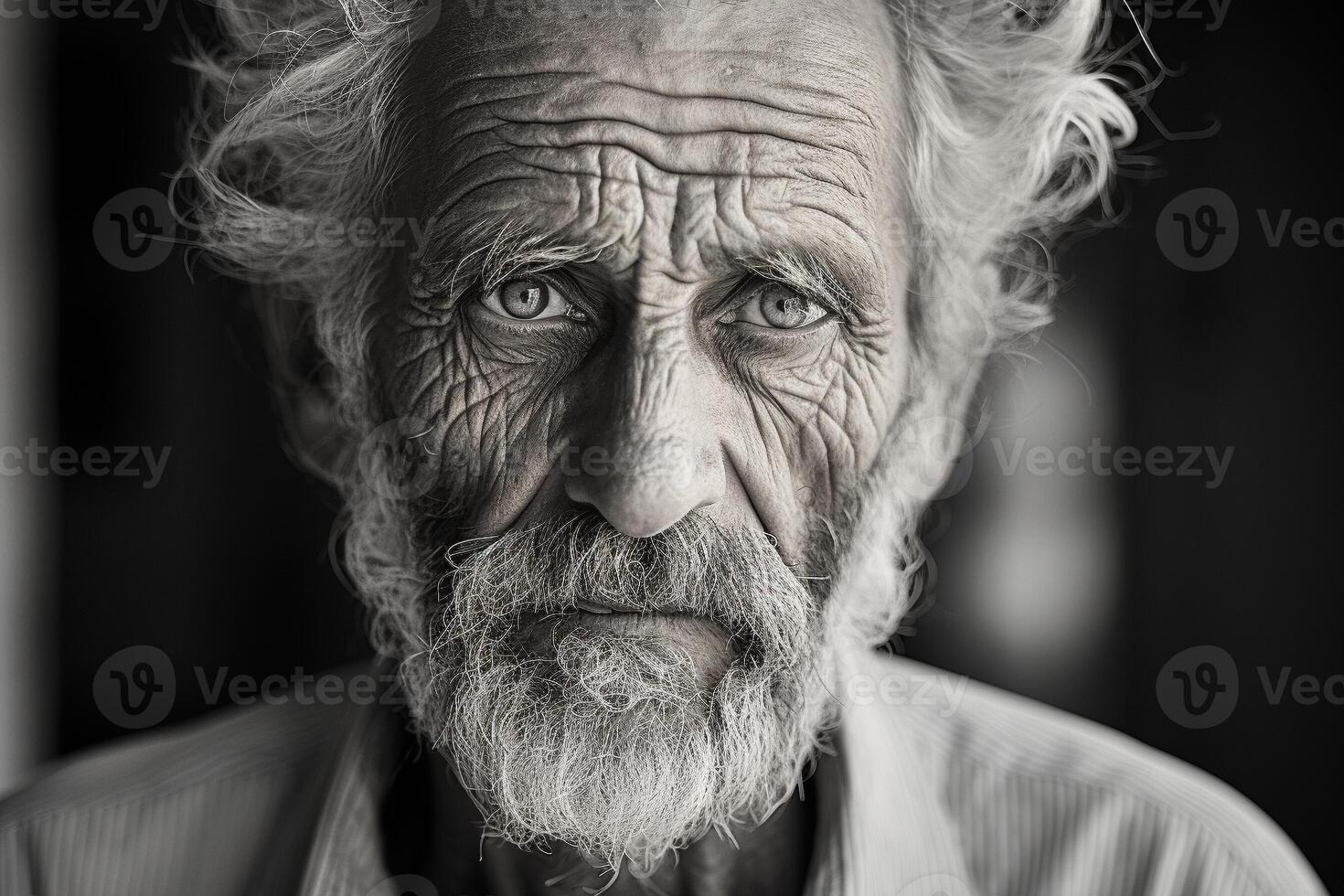 AI generated Elderly Man with Weathered Face in Thoughtful Dignity Captured in Black and White Film Style photo