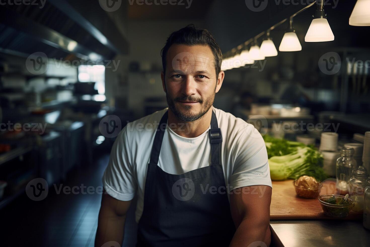 AI generated Professional Chef in Kitchen with Fresh Organic Ingredients Candid Portrait photo