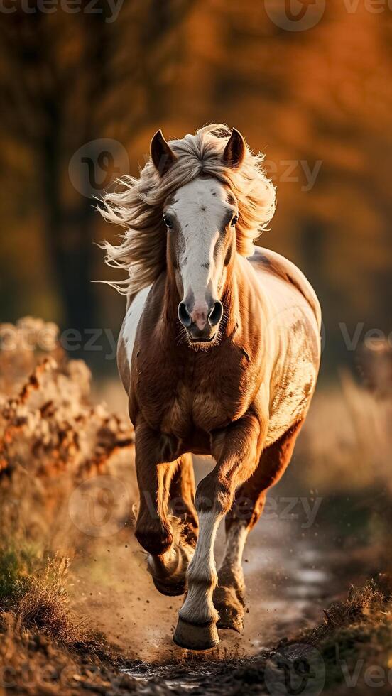 ai generado energético caballo Galopando libremente a través de un lozano campo. cautivador equino belleza, rural serenidad. foto