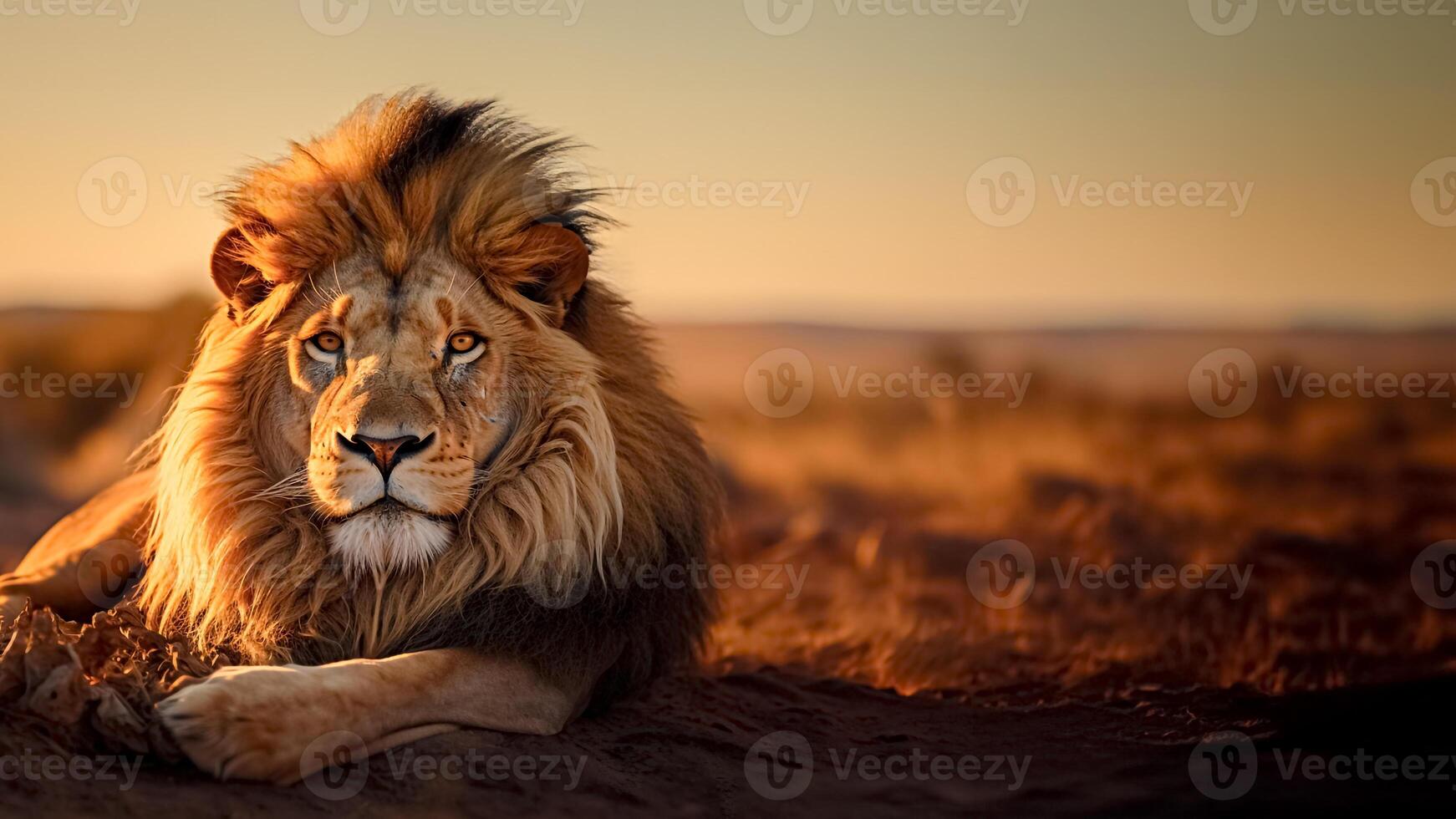 AI generated Majestic Lion Basking in Golden Hour on the African Savannah. Majestic Wildlife. Copy Space. photo