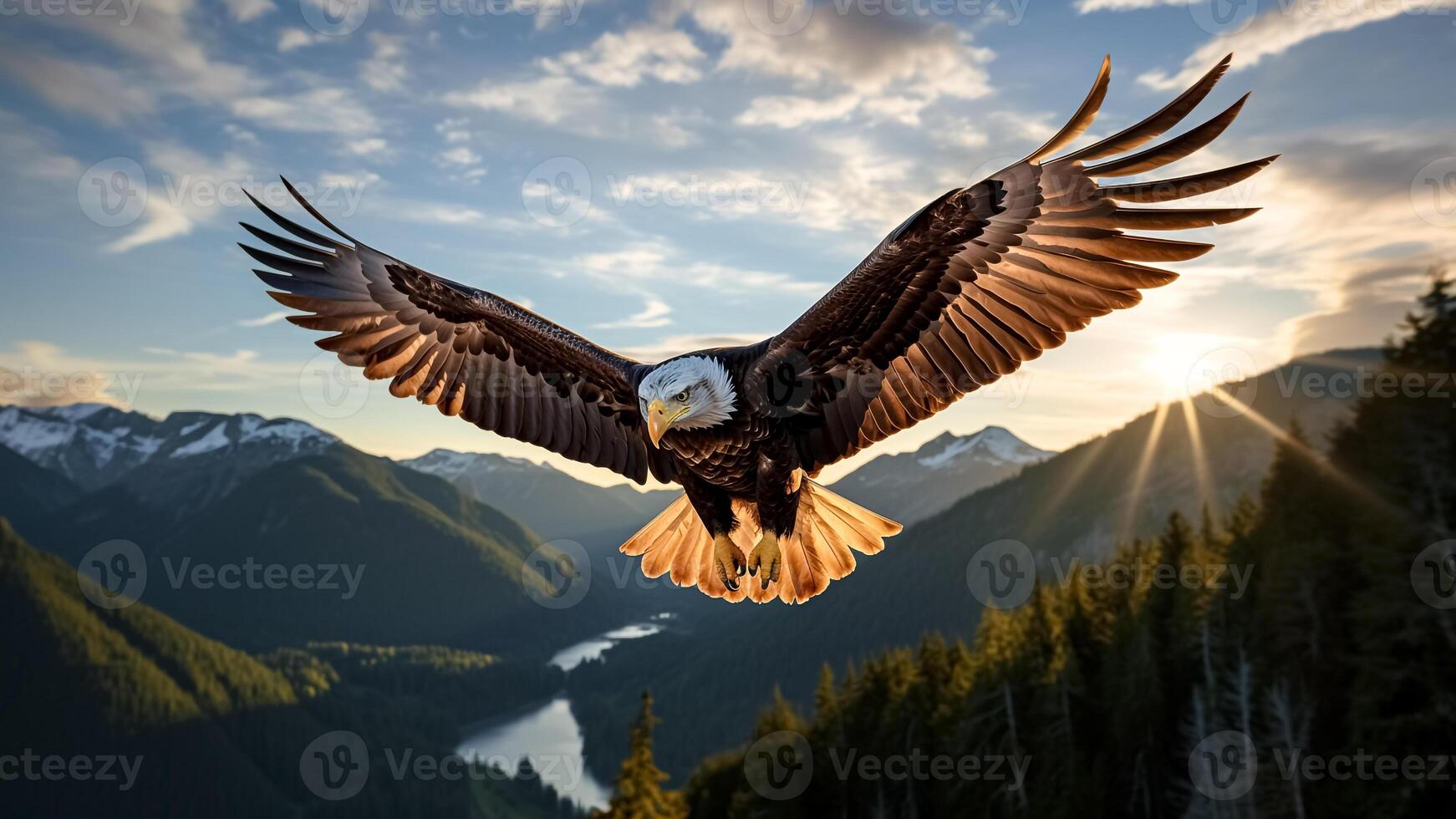 ai generado majestuoso americano calvo águila altísimo terminado escabroso montaña picos antecedentes. libertad en vuelo. foto