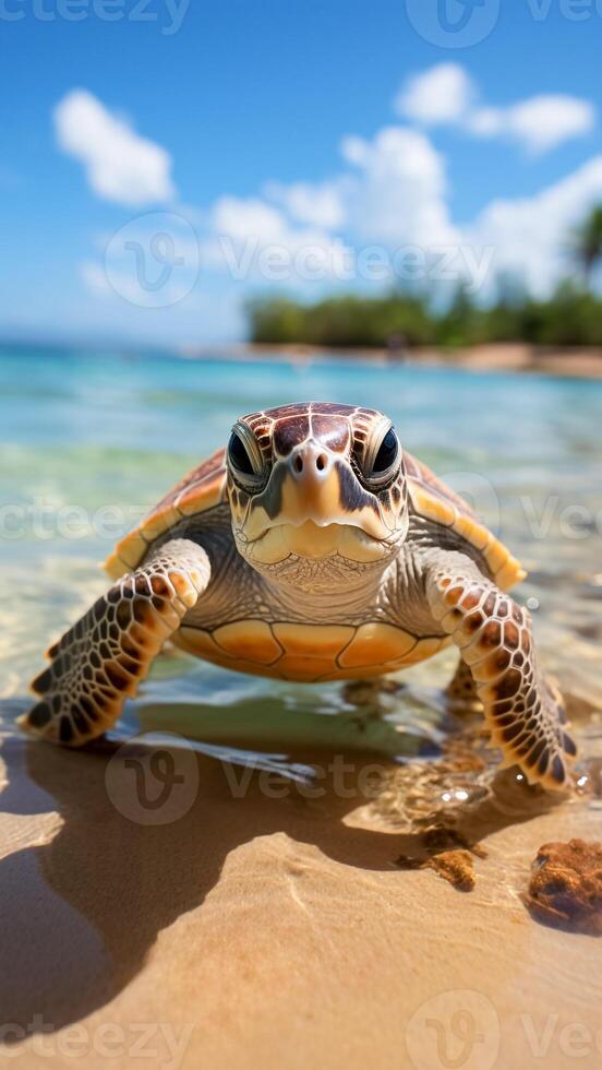 ai generado pequeño bebé mar Tortuga en un tropical playa. nuevo vida, nuevo principios, marina fauna silvestre, marina maravillas foto