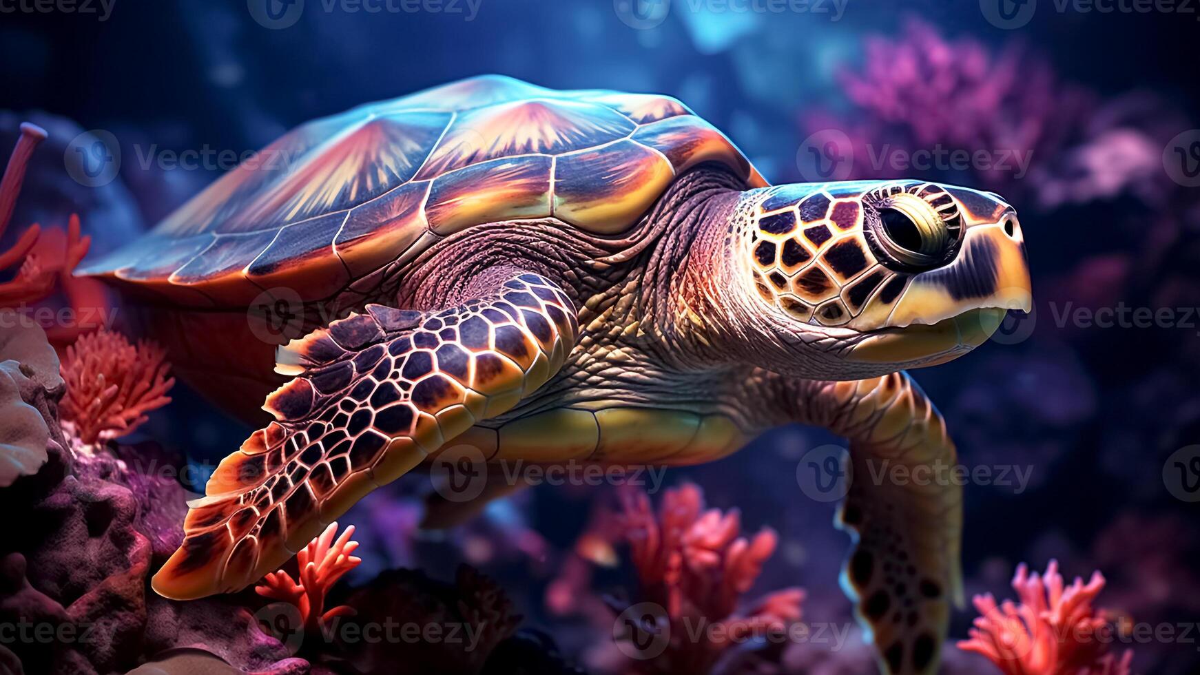 AI generated Sea Turtle Gliding Through Ocean Depths. Marine Wonder. Oceanic Adventure. Underwater World. photo