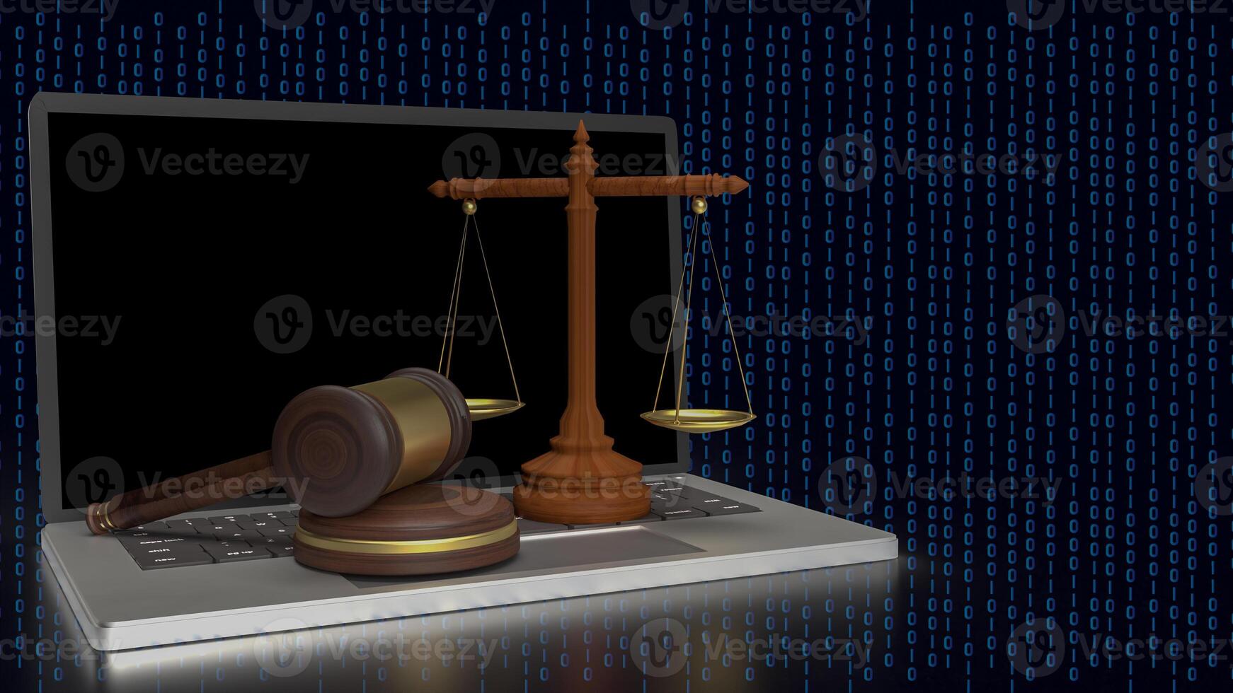 The wood hammer and libra for digital law concept 3d rendering. photo