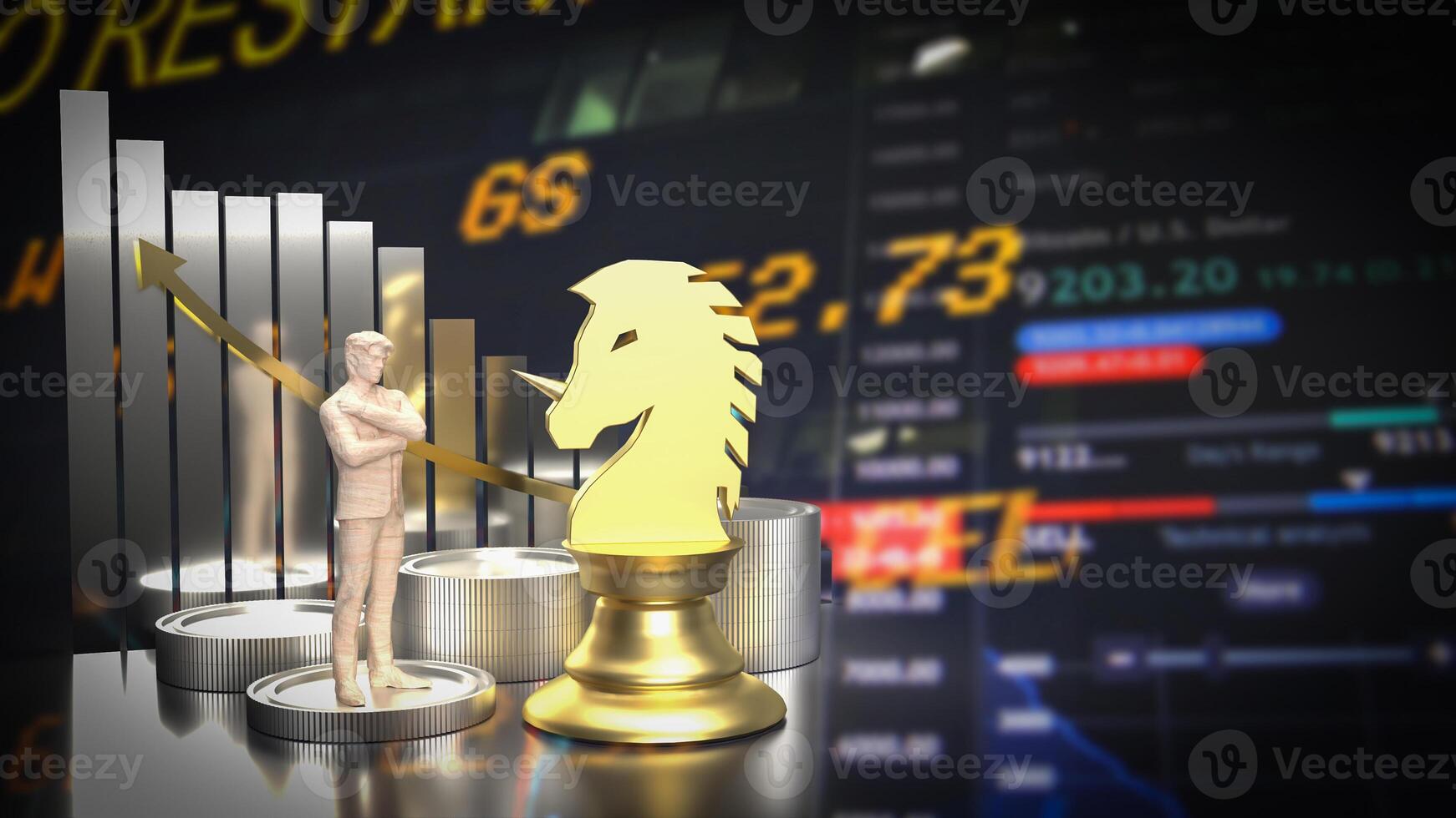 The Gold Unicorn Chess and man Figure for Business concept 3d Rendering. photo