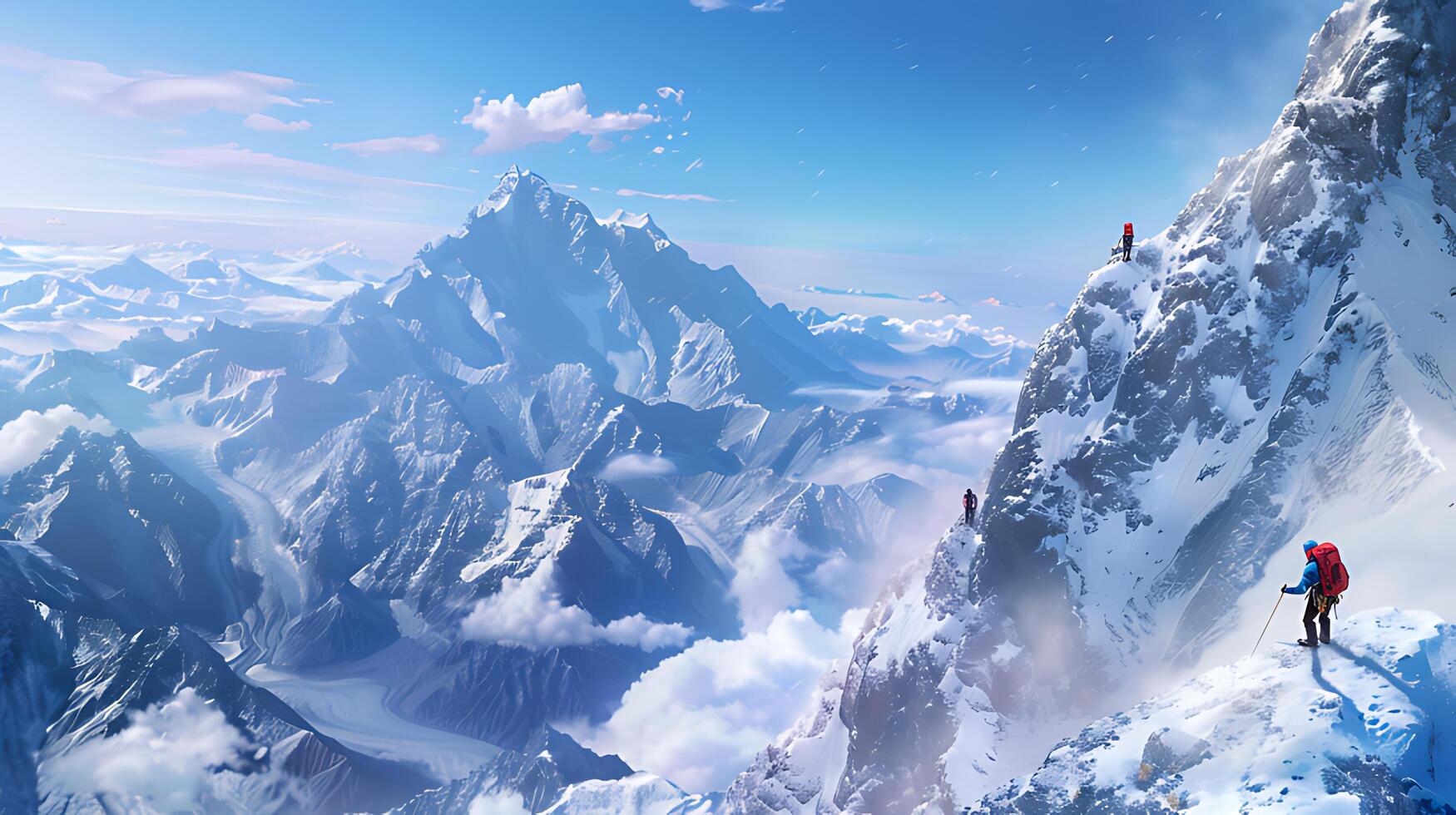 AI generated Adventurous climbers reach the summit of a snow-covered mountain, under the expansive blue sky photo