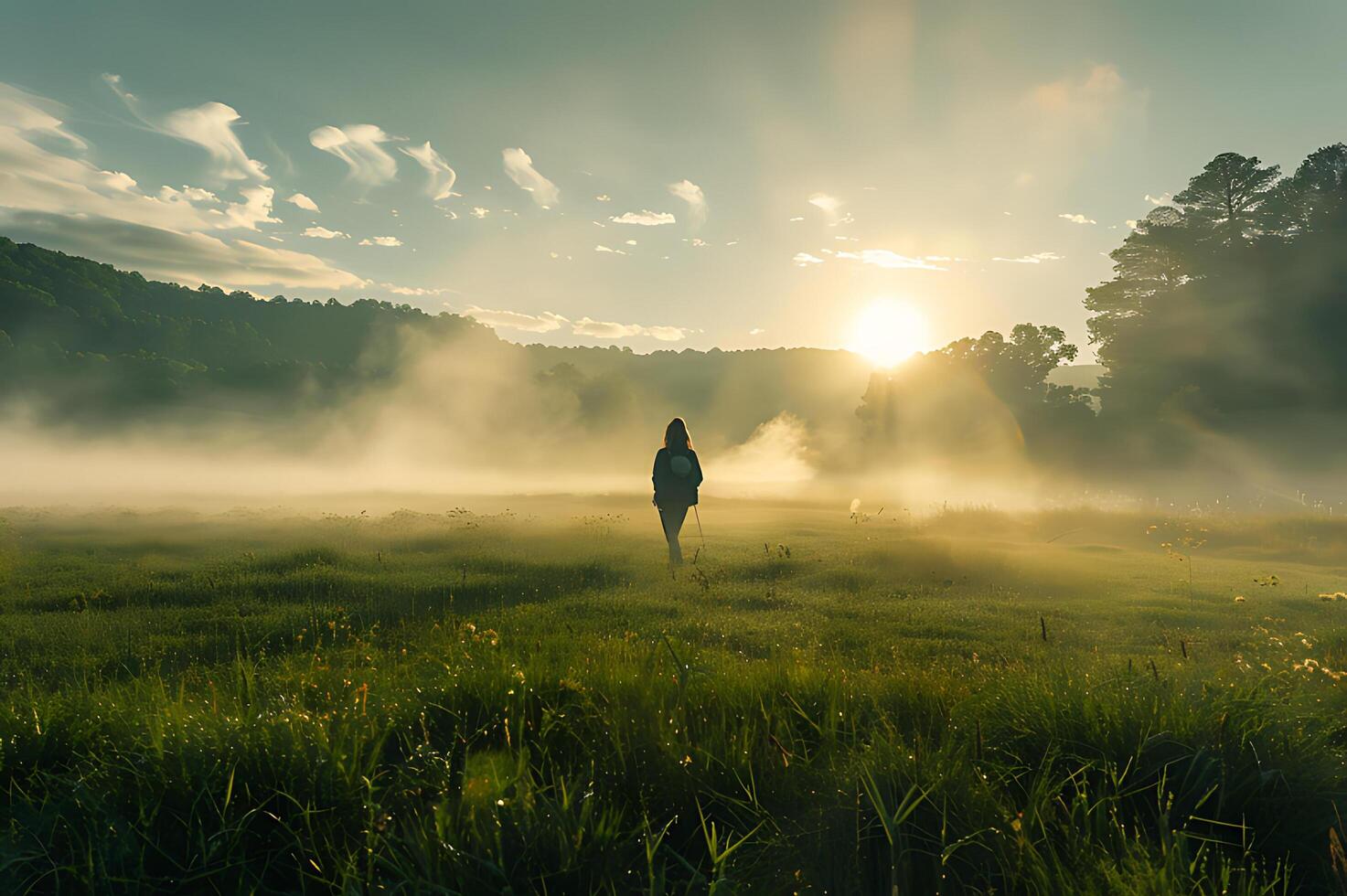 ai generado un mujer soportes en medio de un brumoso campo a amanecer, evocando un sentido de aventuras y tranquilidad en el dorado Mañana ligero foto