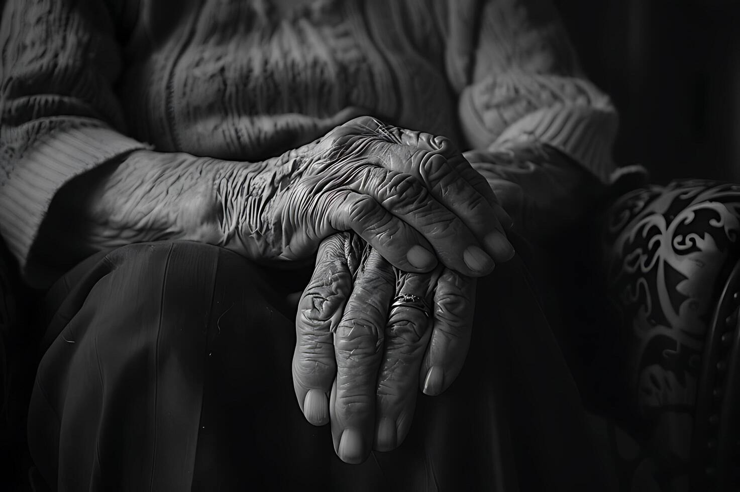 AI generated A black and white image of an elderly person's hand is full of stories and the passage of time photo