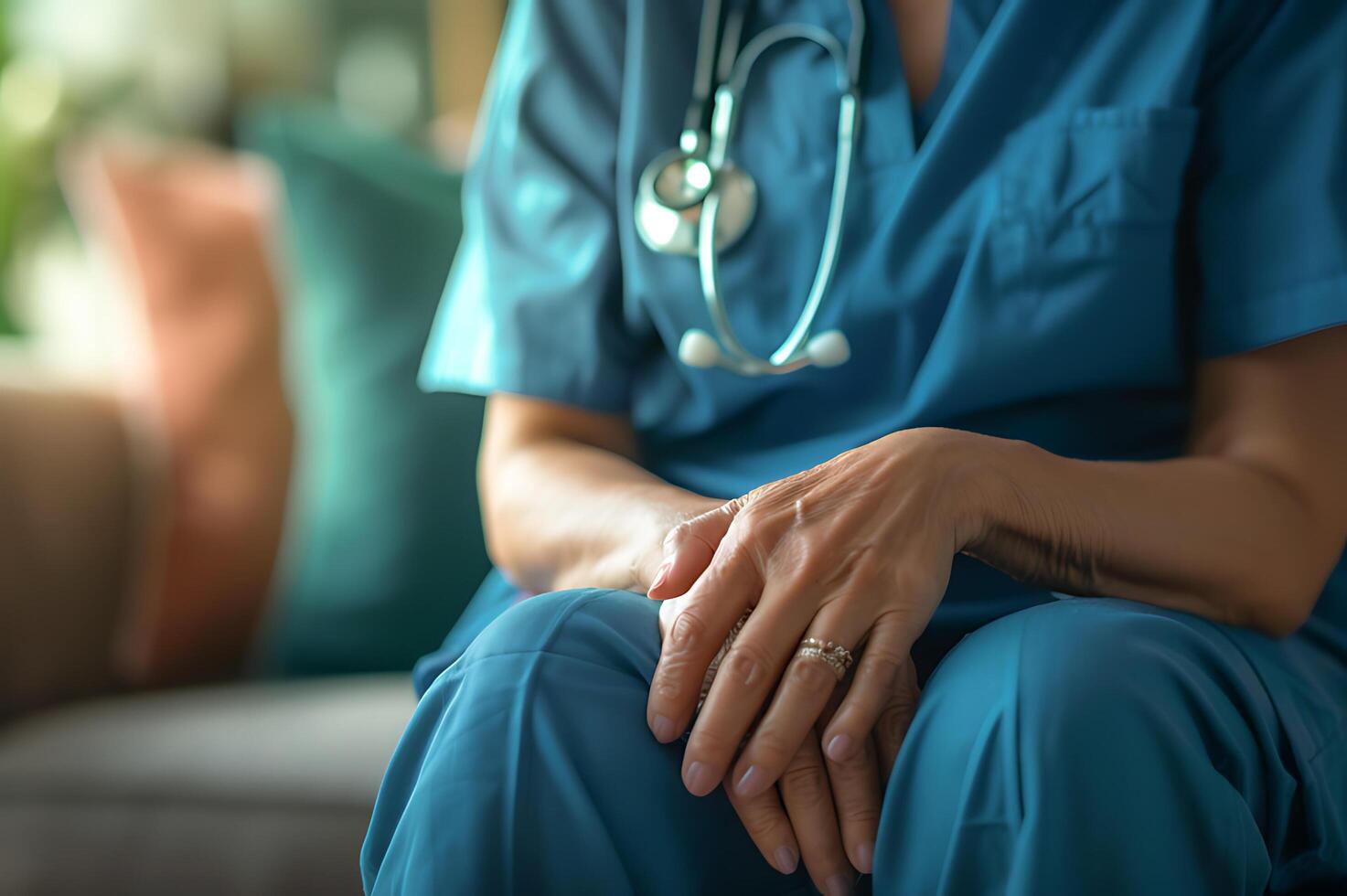 AI generated Close-up of a professional nurse's hands, offering comfort and care during a home health visit, showcasing empathy and human connection in healthcare photo