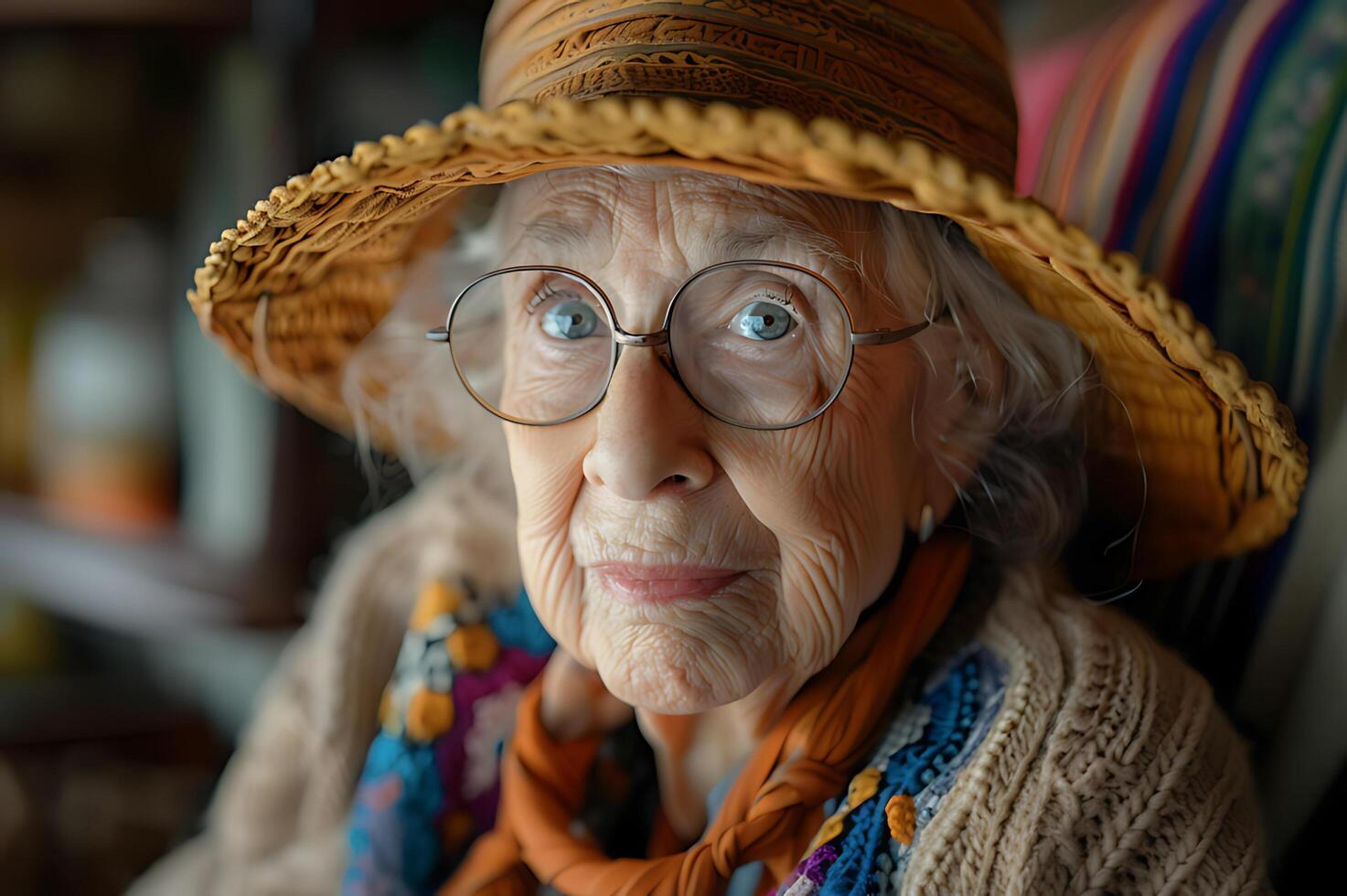 ai generado cautivador retrato de un mayor mujer con conmovedor ojos, adornado en un tejido sombrero y vistoso bufanda, exudando sabiduría y un toda la vida de cuentos foto