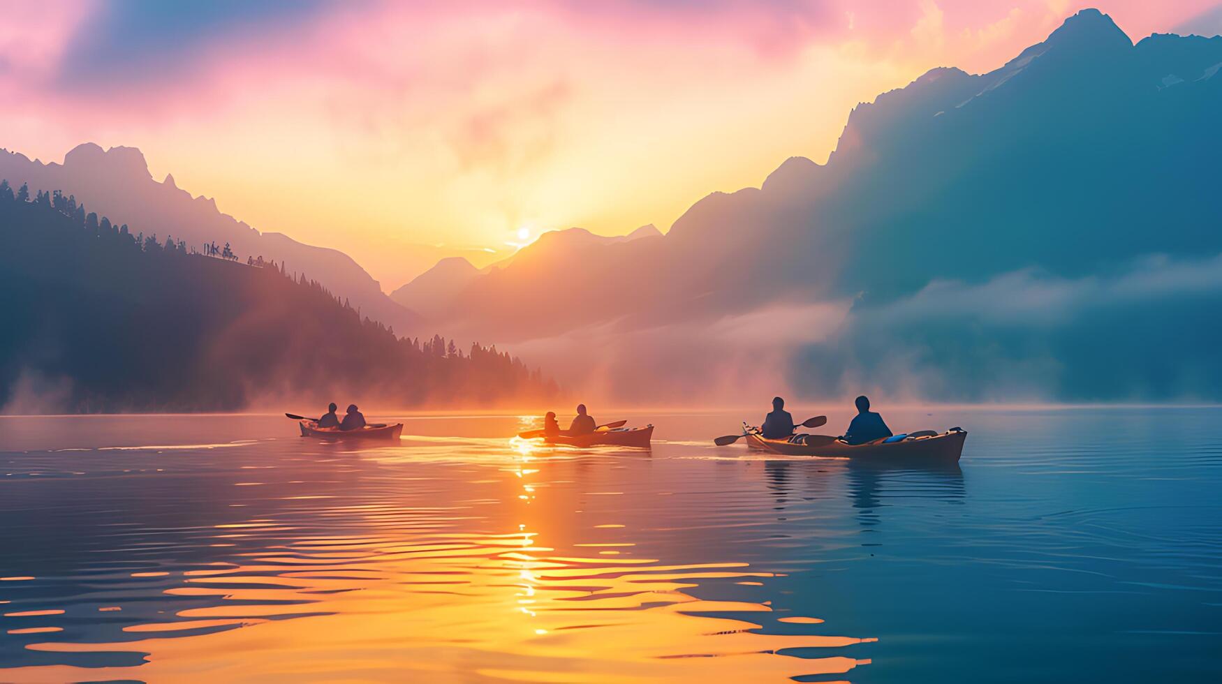 AI generated Silhouettes of kayakers glide across a serene lake, basking in the warm glow of a misty mountain sunrise photo