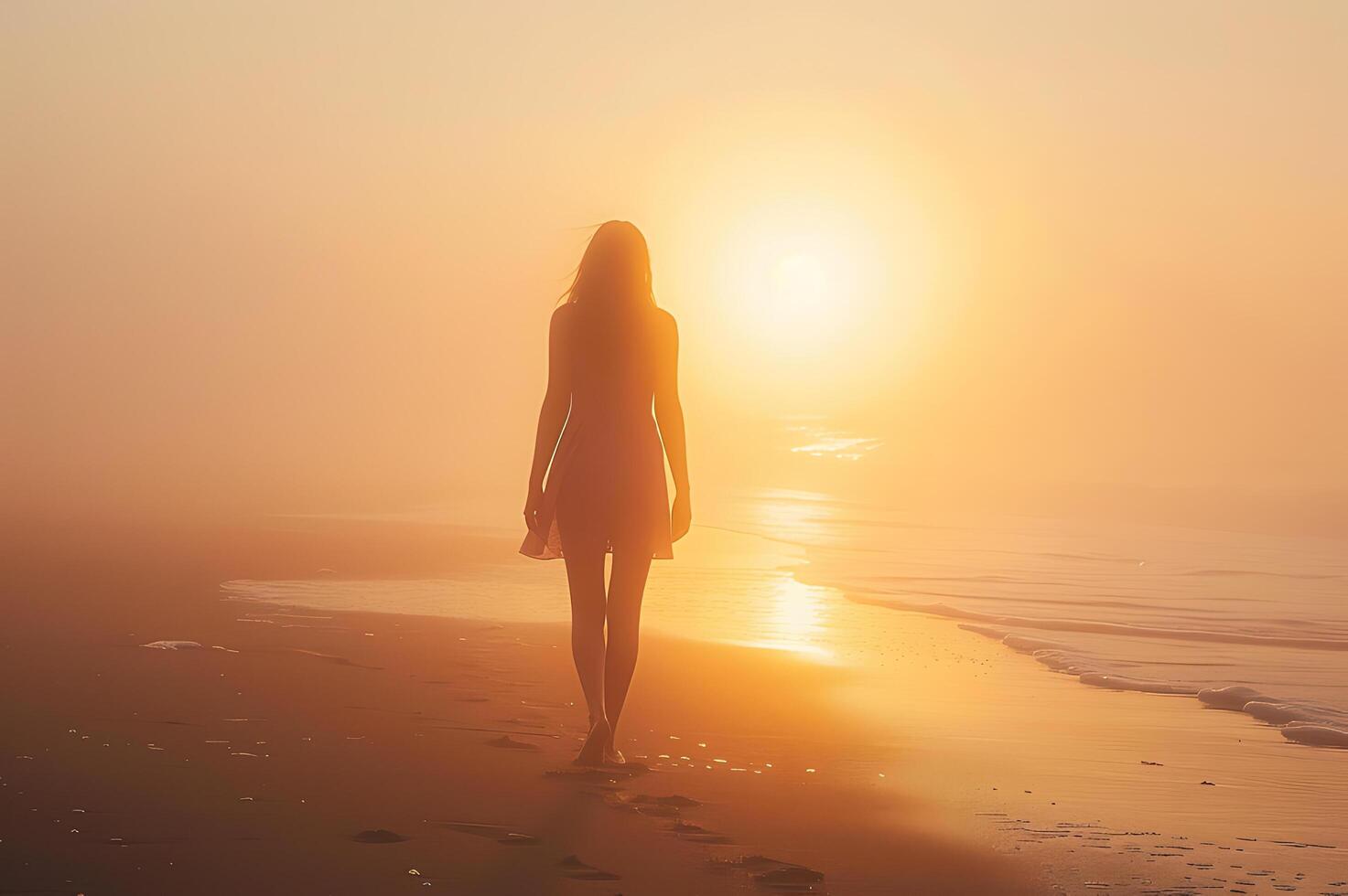 AI generated A woman walks along a sun-drenched beach, with windswept sands swirling around in a vast, golden landscape photo