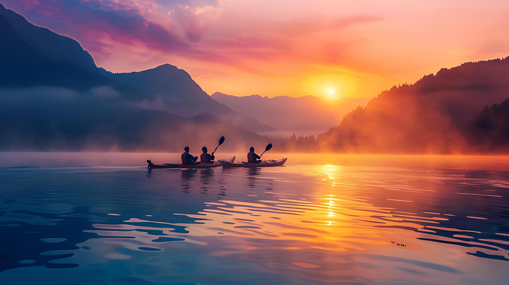 ai generado siluetas de kayakistas planeo a través de un sereno lago, tomando el sol en el calentar resplandor de un brumoso montaña amanecer foto