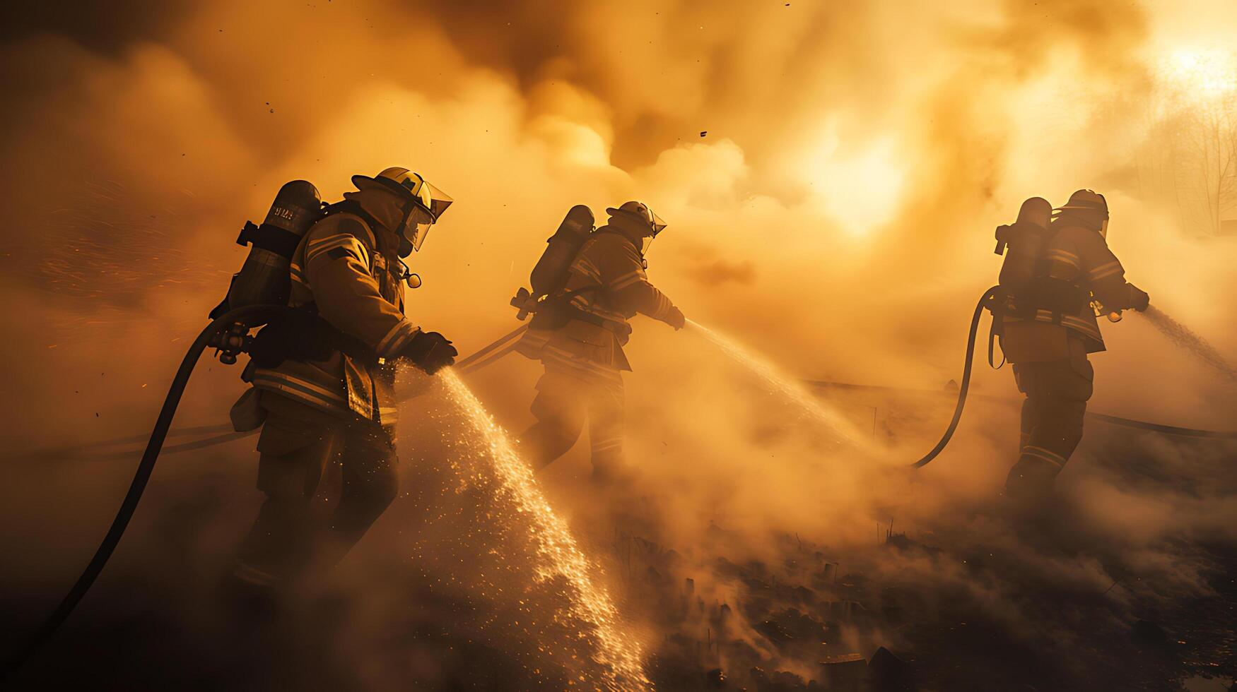 AI generated Firefighters battle a massive blaze with powerful hoses, amidst a dramatic explosion of flames and sparks photo