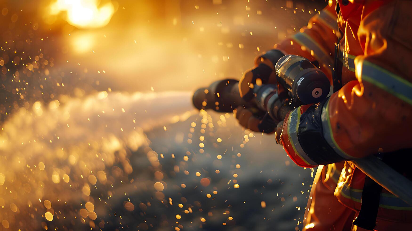 AI generated Firefighters battle a massive blaze with powerful hoses, amidst a dramatic explosion of flames and sparks photo