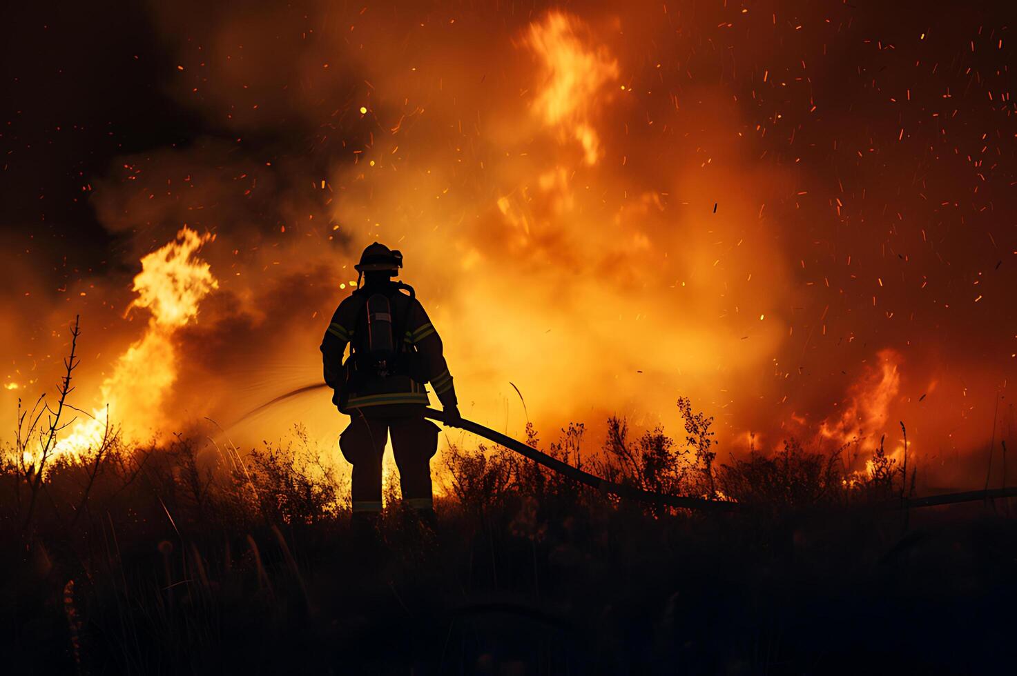 AI generated Firefighters battle a massive blaze with powerful hoses, amidst a dramatic explosion of flames and sparks photo