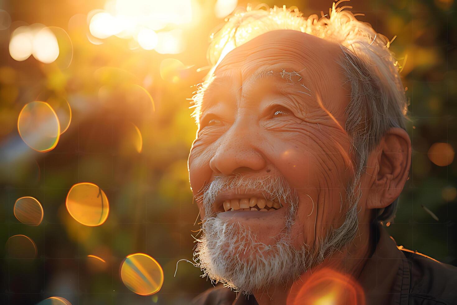 AI generated A captivating image of an elderly man lost in thought during the golden hour, his face telling a story of a life fully lived photo