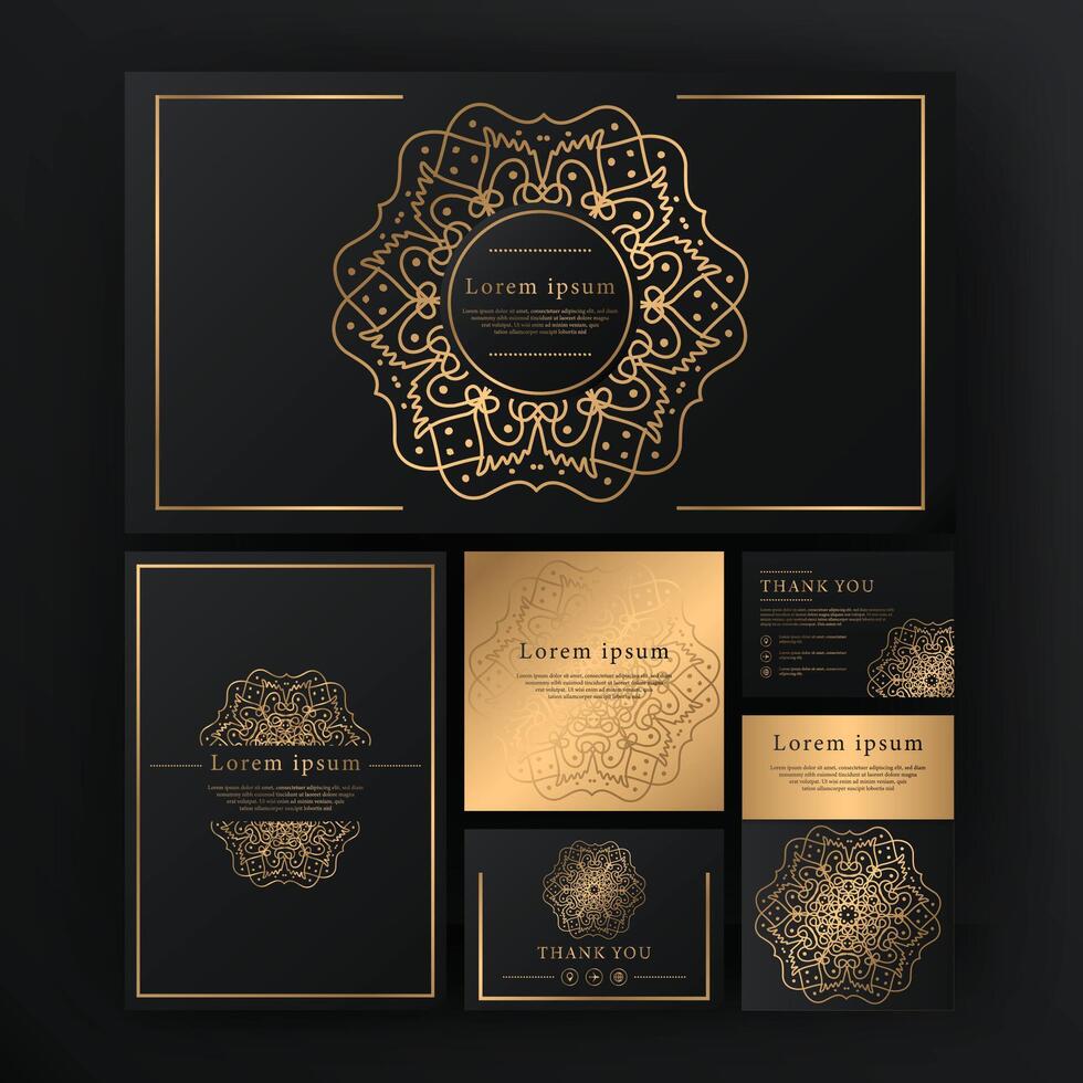 A golden congratulatory frame in Arabic style. Decorative ancient ornament. The card for invitations. A flower shape for the text. Vector illustrations. Design elements.