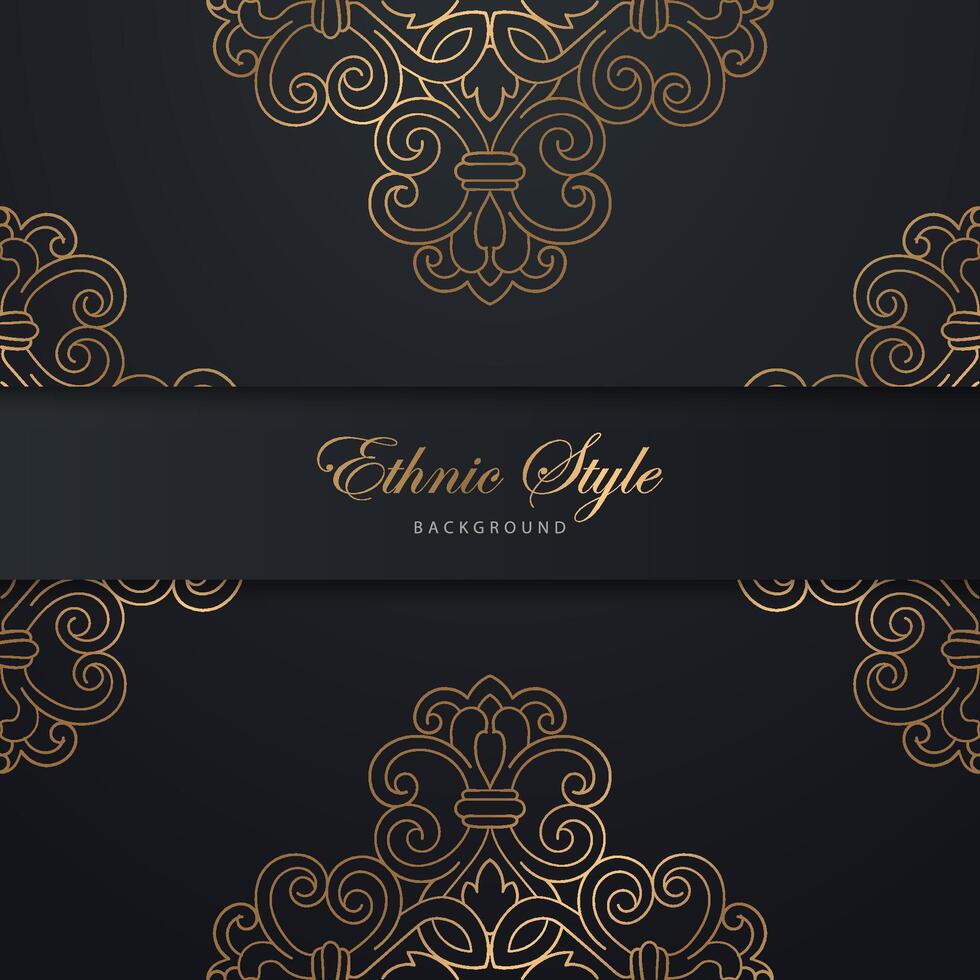 A golden congratulatory frame in Arabic style. Decorative ancient ornament. The card for invitations. A flower shape for the text. Vector illustrations. Design elements.