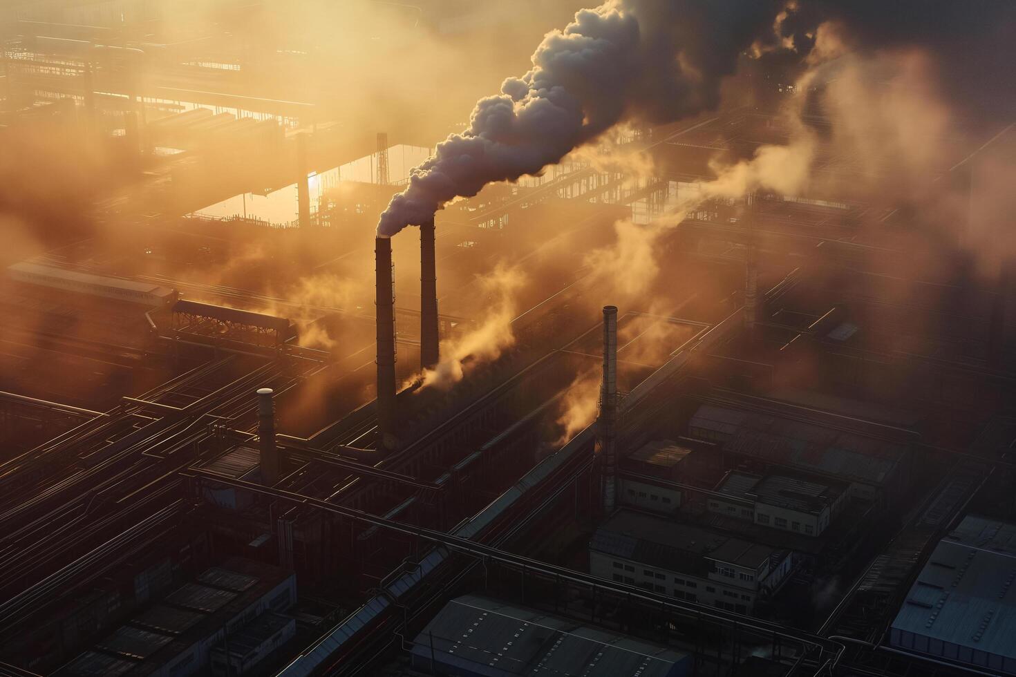 AI generated dirty air pollution smoke from factory chimney sunset time factory emission photo