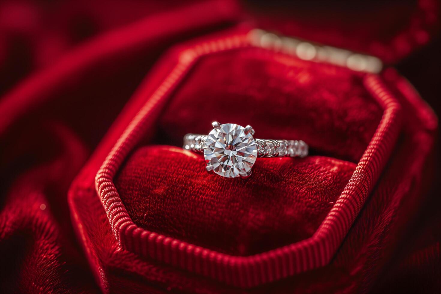 AI generated top view close up engagement diamond ring on red velvet box photo