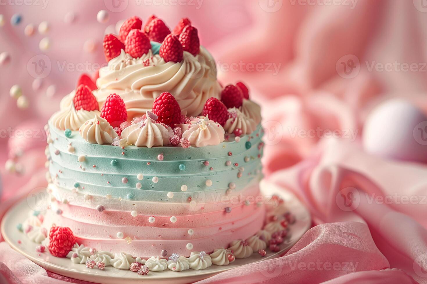 AI generated strawberry cake on pastel background photo