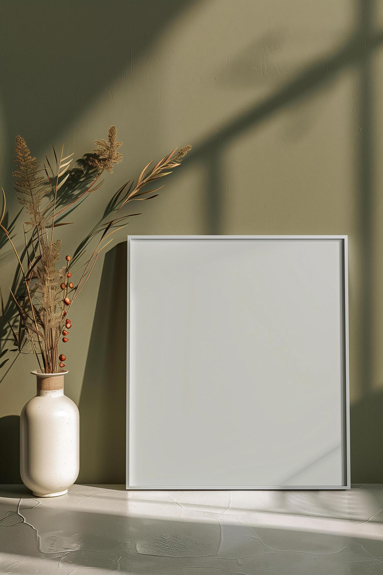 AI generated blank canvas frame template with dry flowers in vase on AI generated blank canvas frame template with dry flowers in vase on