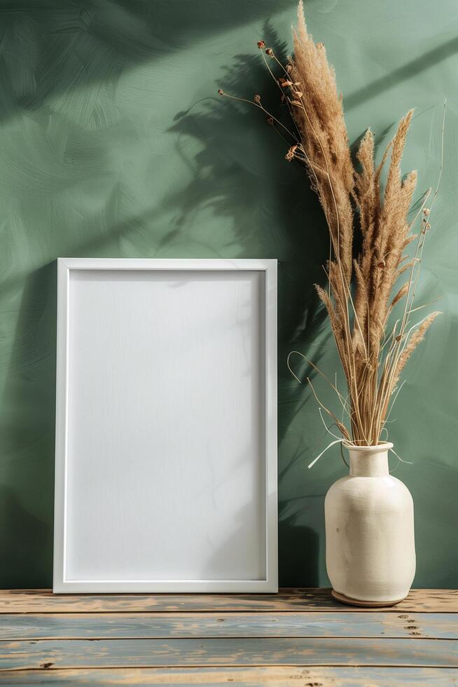AI generated blank canvas frame template with dry flowers in vase on olive green wall mockup photo