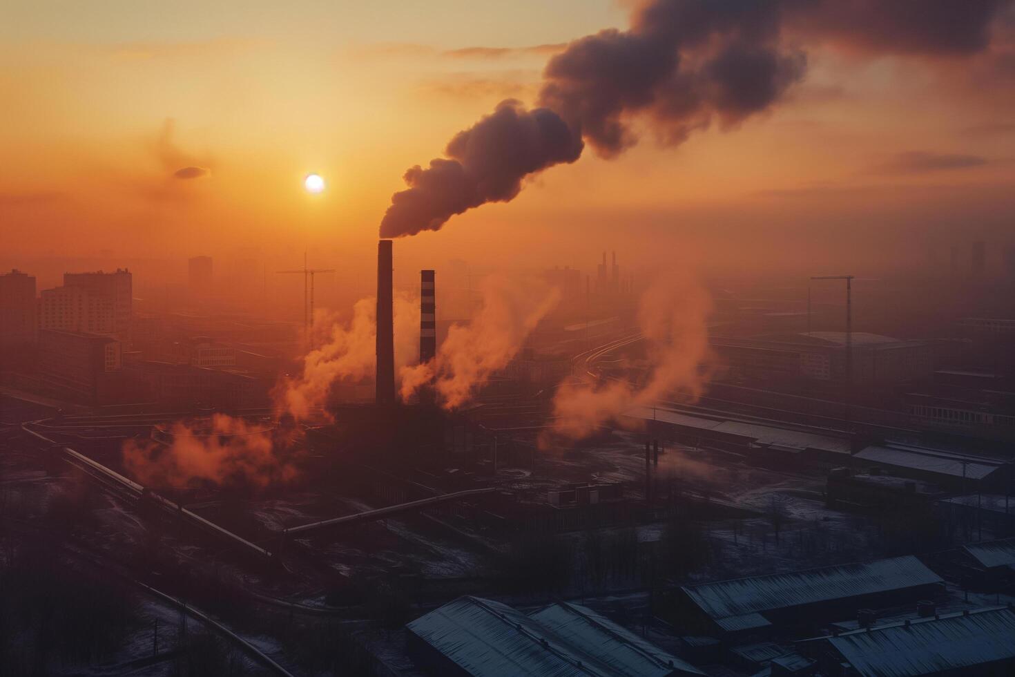 AI generated dirty air pollution smoke from factory chimney sunset time factory emission photo