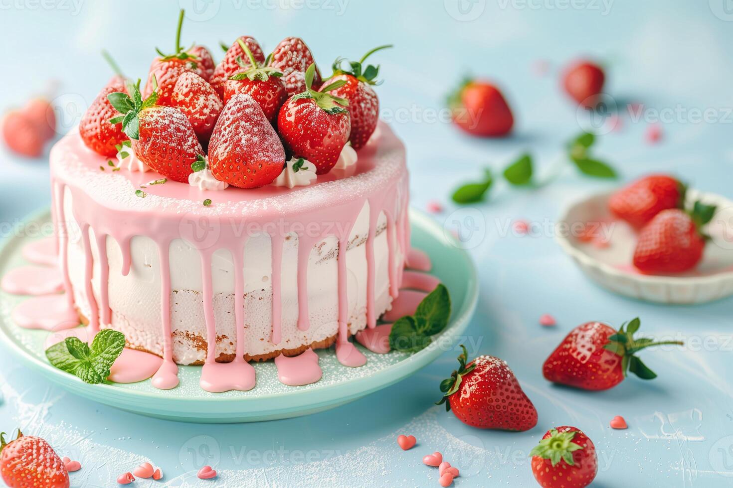 AI generated strawberry cake on pastel background photo