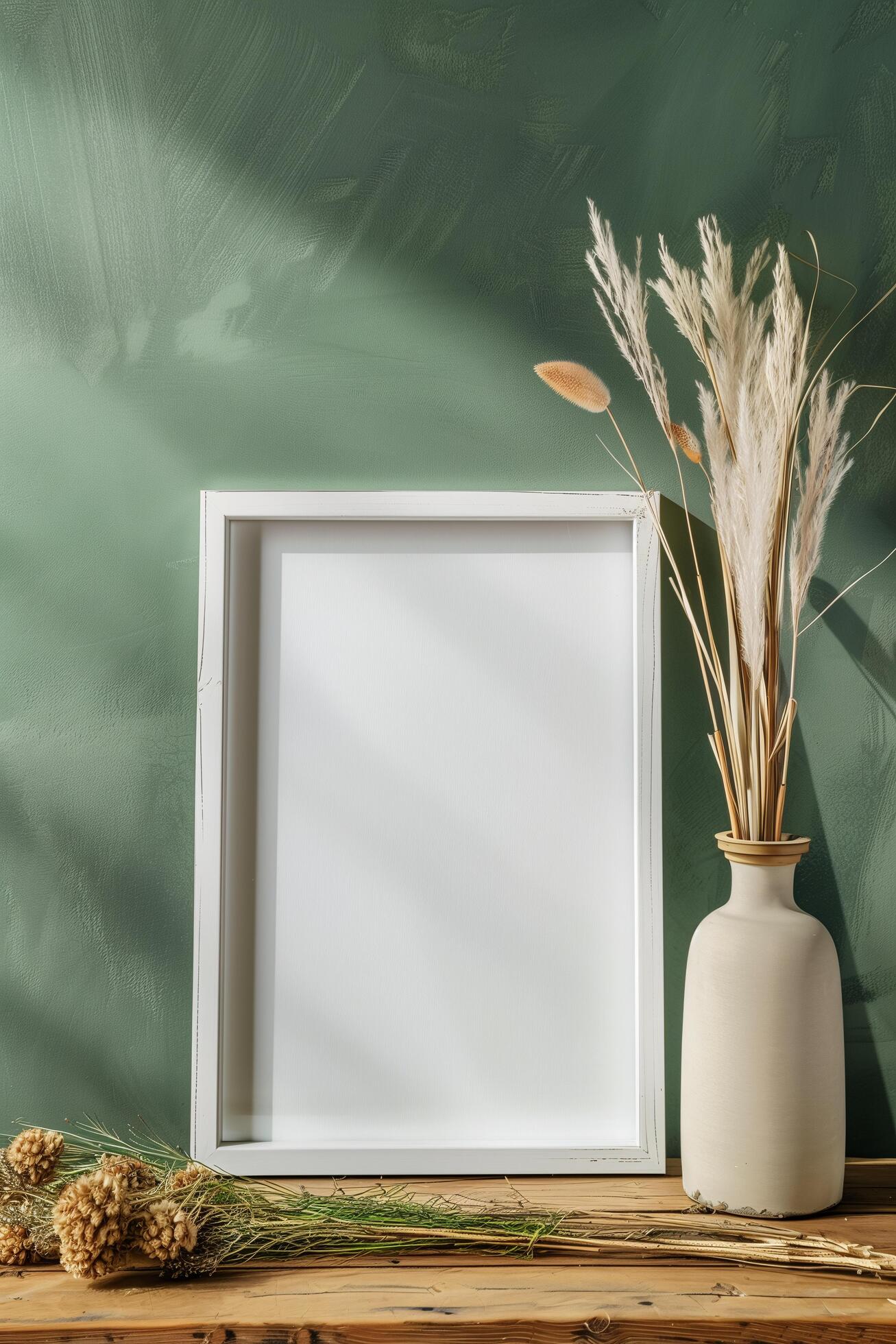 AI generated blank canvas frame template with dry flowers in vase on AI generated blank canvas frame template with dry flowers in vase on