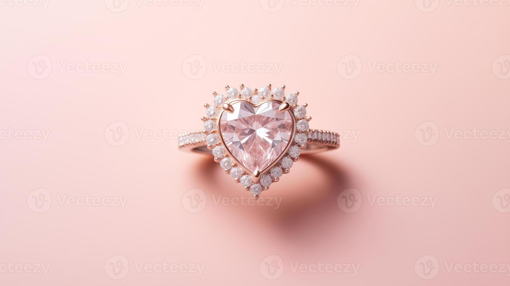AI generated top view close up rose gold engagement heart shape diamond ring on pink background photo