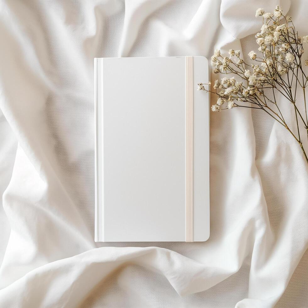 AI generated blank white cover notebook with dry flower on white cloth mockup photo