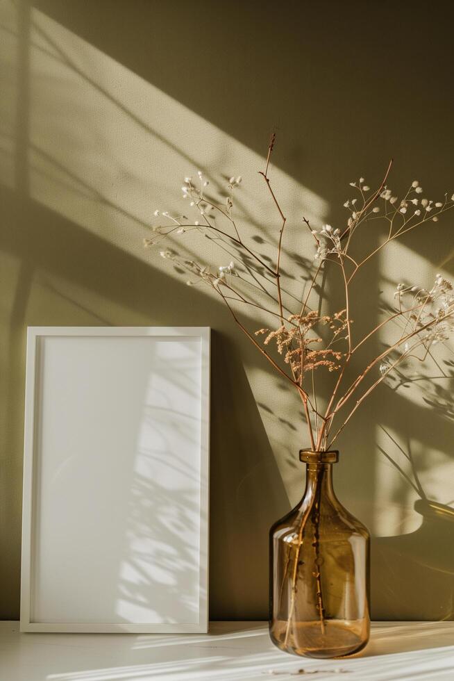 AI generated blank canvas frame template with dry flowers in vase on olive green wall mockup photo