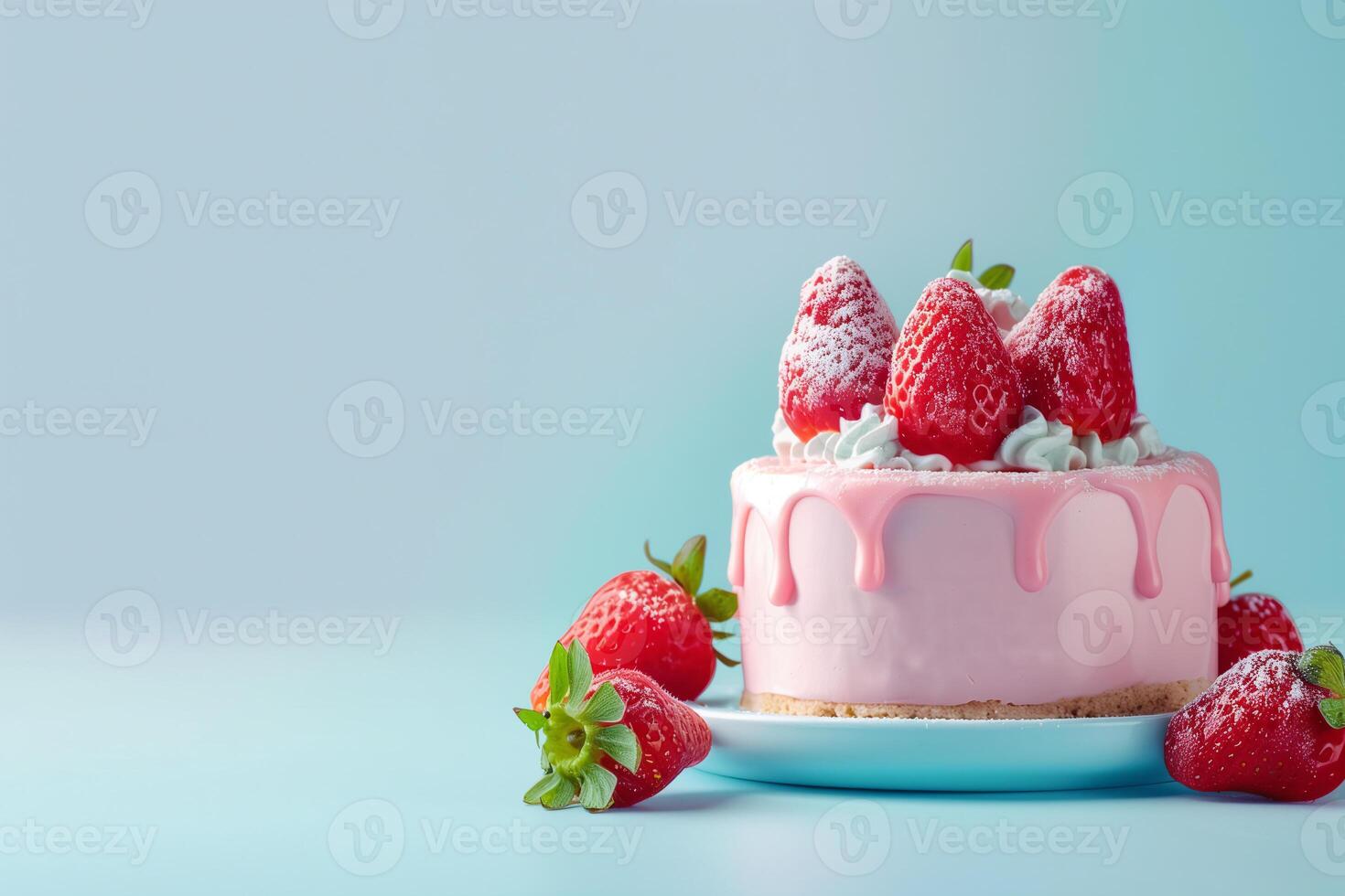 AI generated strawberry cake on pastel background photo