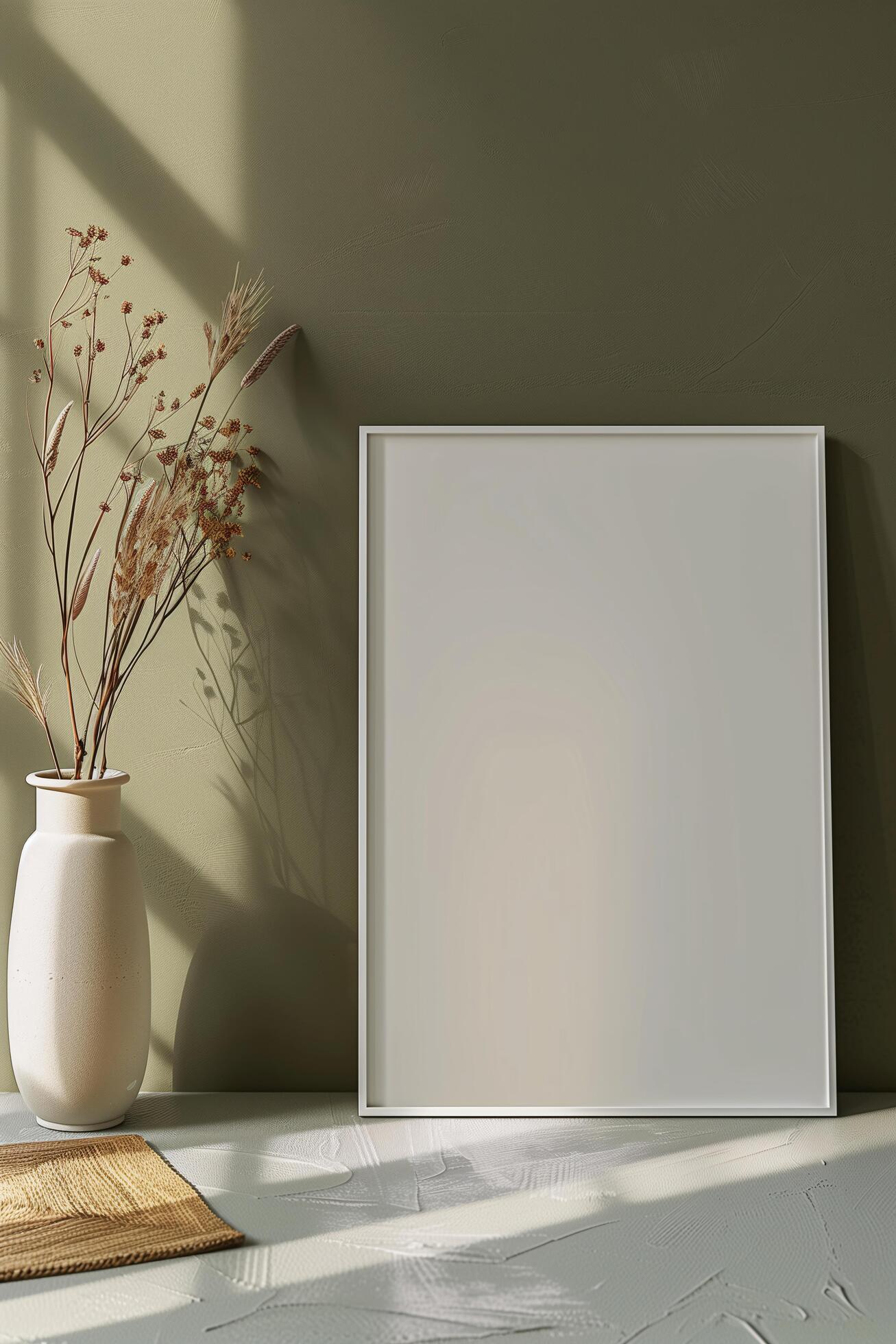 AI generated blank canvas frame template with dry flowers in vase on AI generated blank canvas frame template with dry flowers in vase on