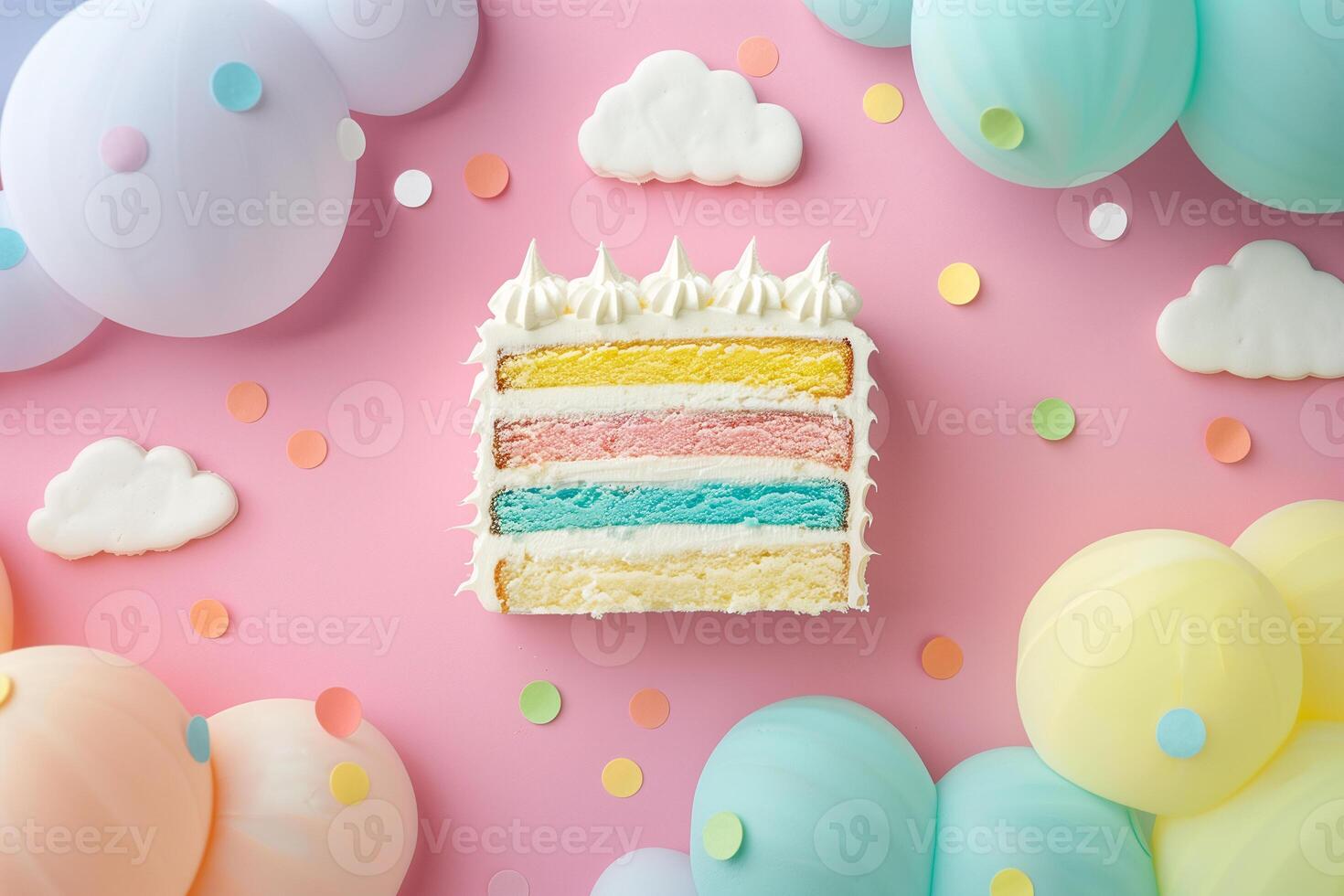 AI generated fancy rainbow cream cake on pastel background photo