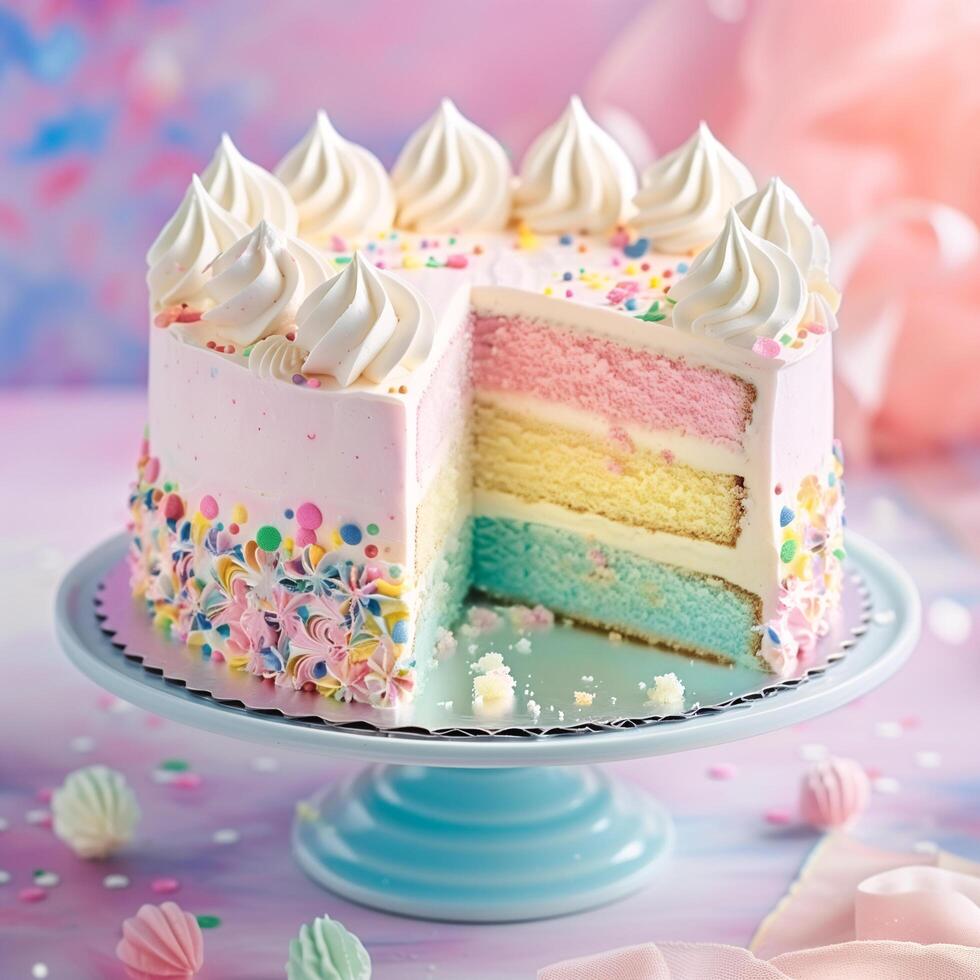 AI generated fancy rainbow cream cake on pastel background photo