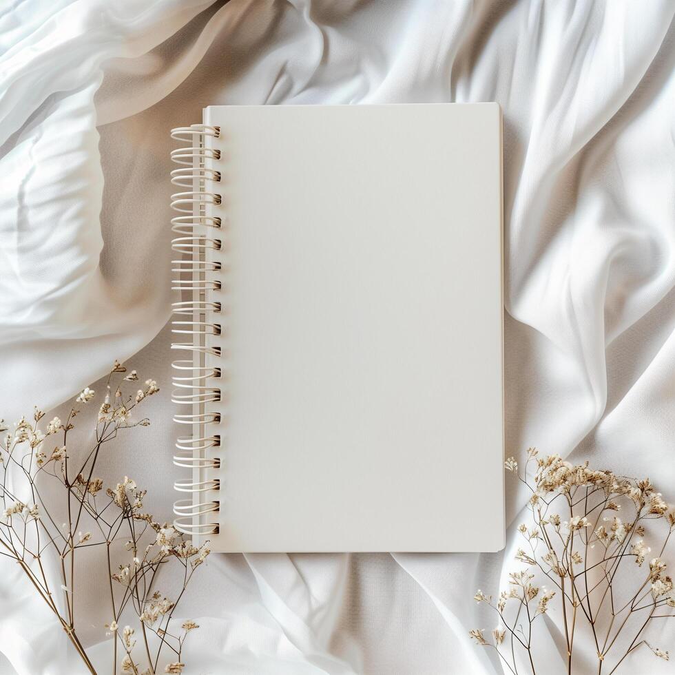 AI generated blank white cover notebook with dry flower on white cloth mockup photo