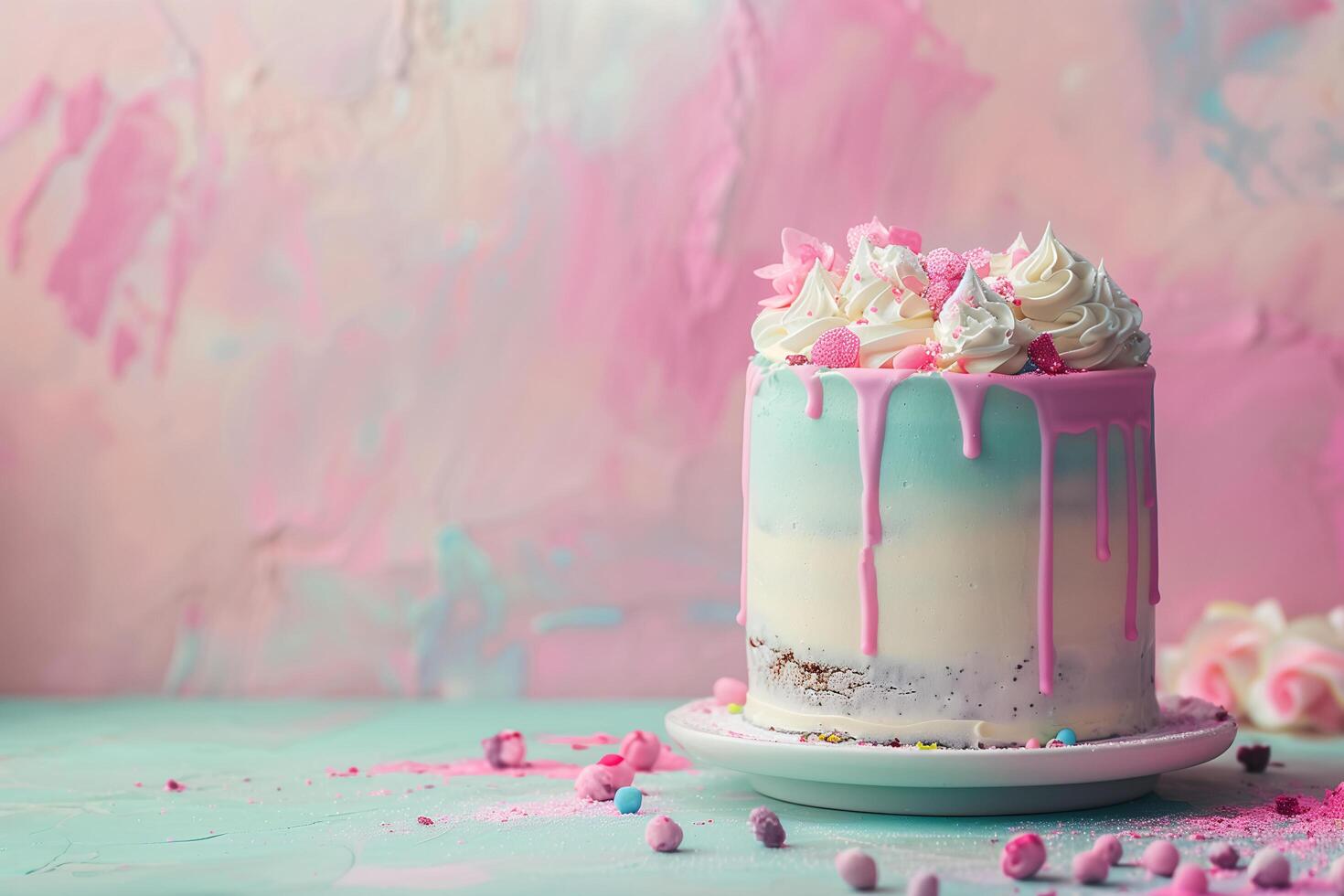 AI generated fancy rainbow cream cake on pastel background photo